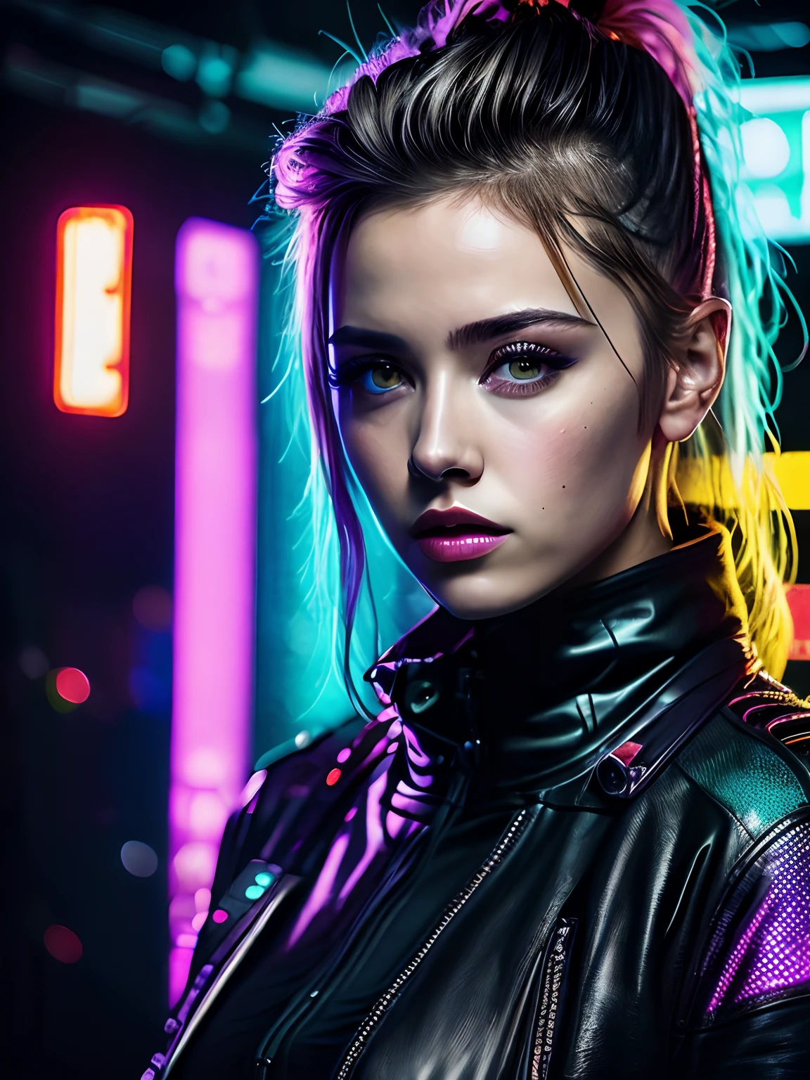 Crisp macro quality, portraint de cerca, de cyberpunk brutal women, en cyberpunk neon room, rough skin, gaze at the camera, ojos brillantes, 20 year, kinematics, colores atenuados, plano oscuro, colores apagados, film grainy, lut, espeluznante