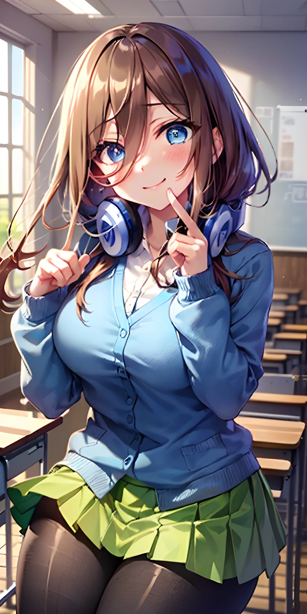 masutepiece, Best Quality, (Very detailed CG Unity 8K wallpaper) (Best Quality), (Best Illustration), (Best Shadows), Miku Nakano, Brown hair, Blue eyes, classroom, Beautiful detailed eyes, looking at viewer,((Blue Cardigan)),((Short green pleated skirt)),((Black pantyhose)),evil smile,head tilt,finger to mouth, blowjob face