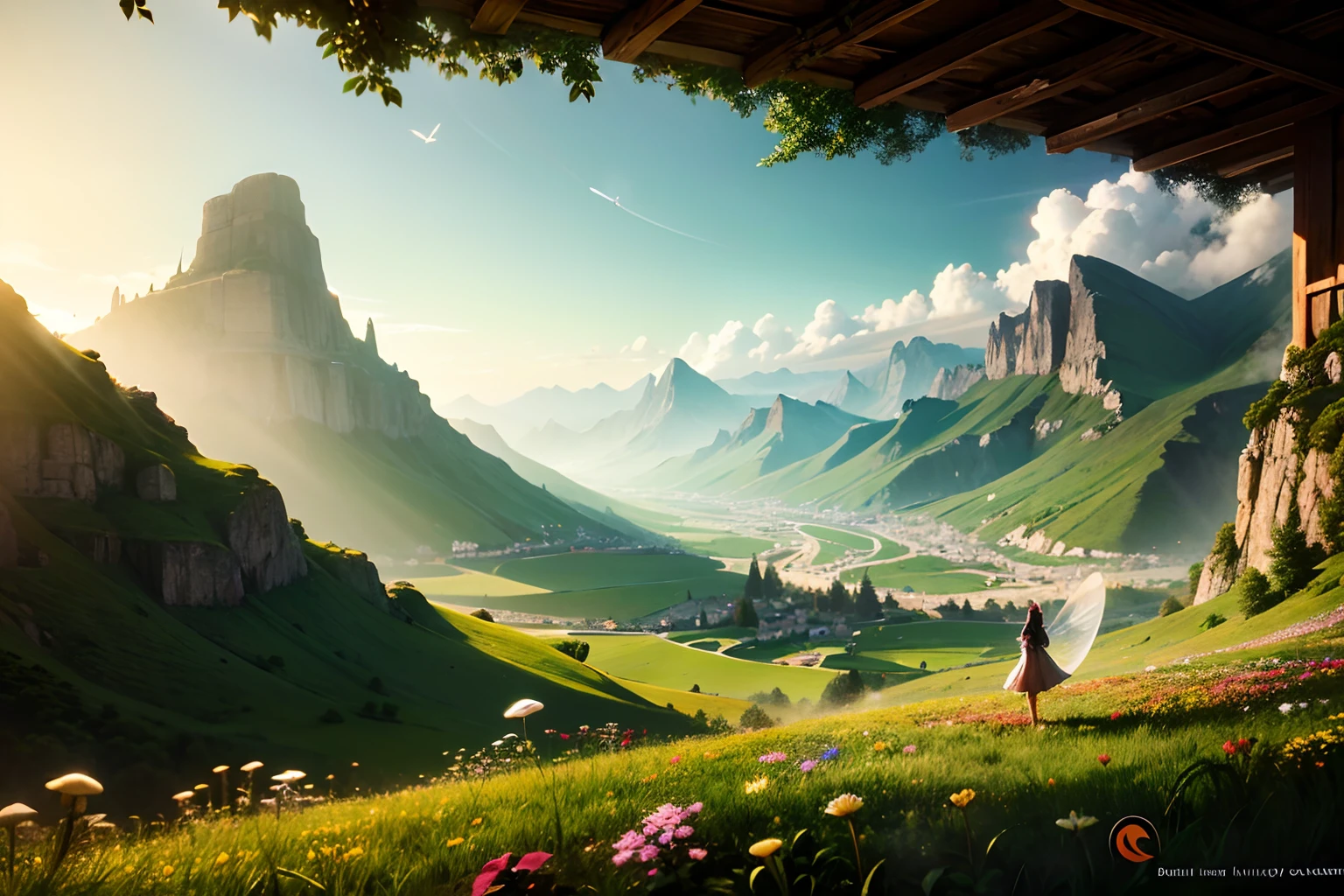 An elegant winged fairy in the lord of the rings scenery landscape, looking out at a vast lush valley flowers and homes made of mushrooms, stream, sunrise, god's rays highly detailed, vivid color, cinematic lighting, perfect composition, 8k, gustave dore, derek zabrocki, greg rutkowski, belsinski, octane render.