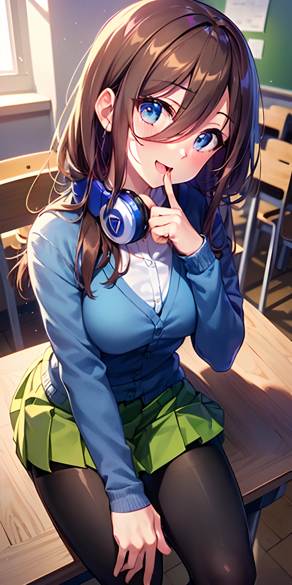 masutepiece, Best Quality, (Very detailed CG Unity 8K wallpaper) (Best Quality), (Best Illustration), (Best Shadows), Miku Nakano, Brown hair, Blue eyes, classroom, Beautiful detailed eyes, looking at viewer,((Blue Cardigan)),((Short green pleated skirt)),((Black pantyhose)),evil smile,head tilt,finger to mouth,open mouth out,from above,