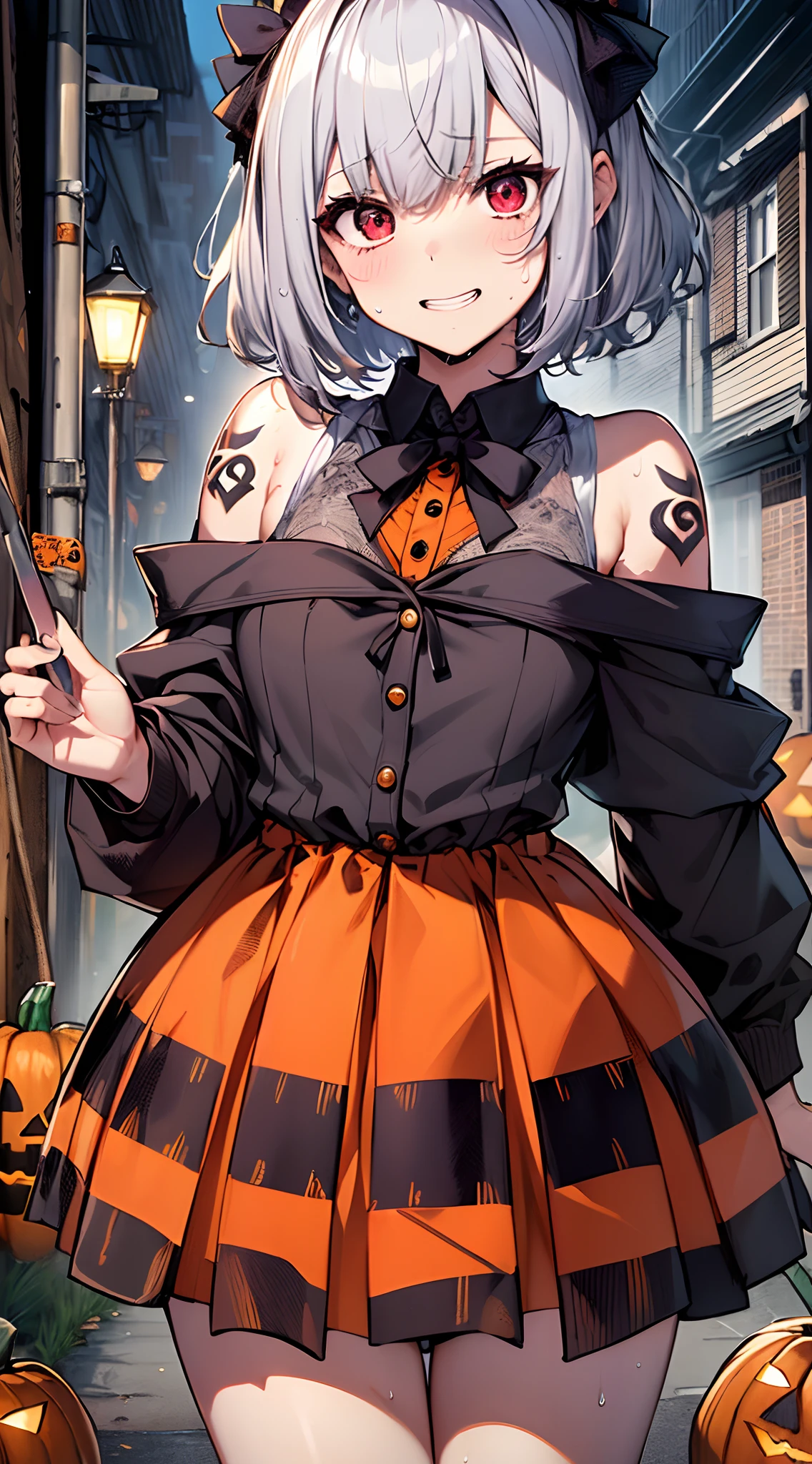 top-quality、Top image quality、in 8K,4K,masterpiece、(NSFW:1.1)、ultra-detailliert、Beautiful、ultra-quality、cute little、girl with(((18year old、Halloween Costumes:1.5、School Uniform 1:3、Bust 78、silber hair、a short bob、Red Eyes、Skin shining with sweat、、erotick:1.4、Happiness、The tattoo)))、hiquality、visualart、Background with((Halloween:1.2))、masutepiece