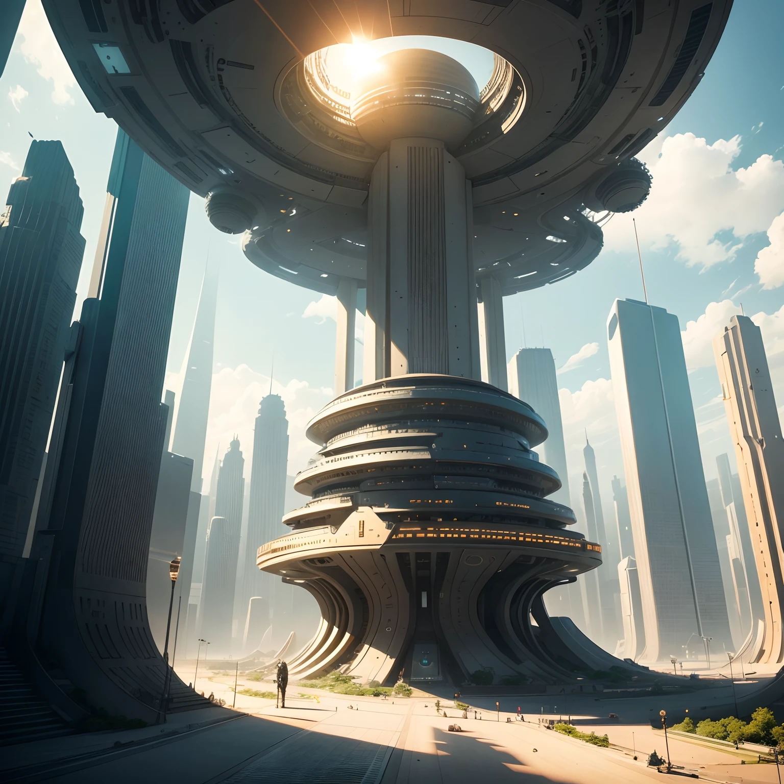 This is a futuristic city like a human utopia where it has a giant sun and the technology is solar