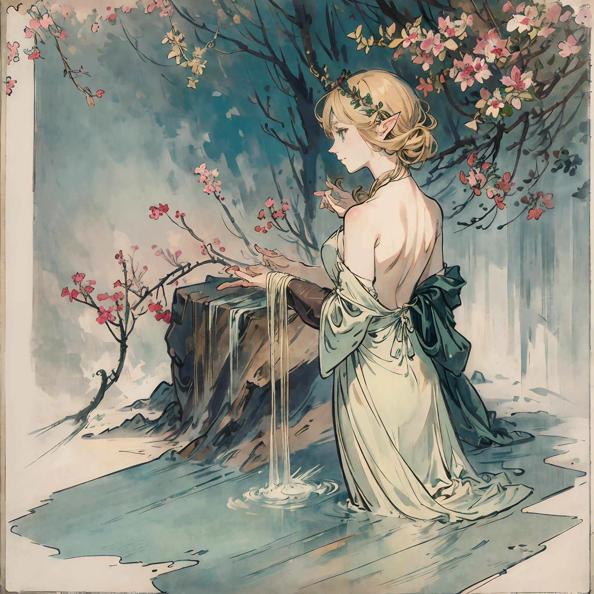 SFW,masutepiece, Best Quality, High resolution, 1girl in, Full body, Description Girls, detail hands, Detail fingers, Detail Face, detail legs, 1girl in, elf, Looking down, Flower Garden, Black sky, smog, watercolor paiting, pale skin, Petite, Blonde hair, Long hair, Wavy Hair, saddened, mournful smile, Green eyes, tareme, medium breasts, white sundress, Bare back, Kneeling, tree planting