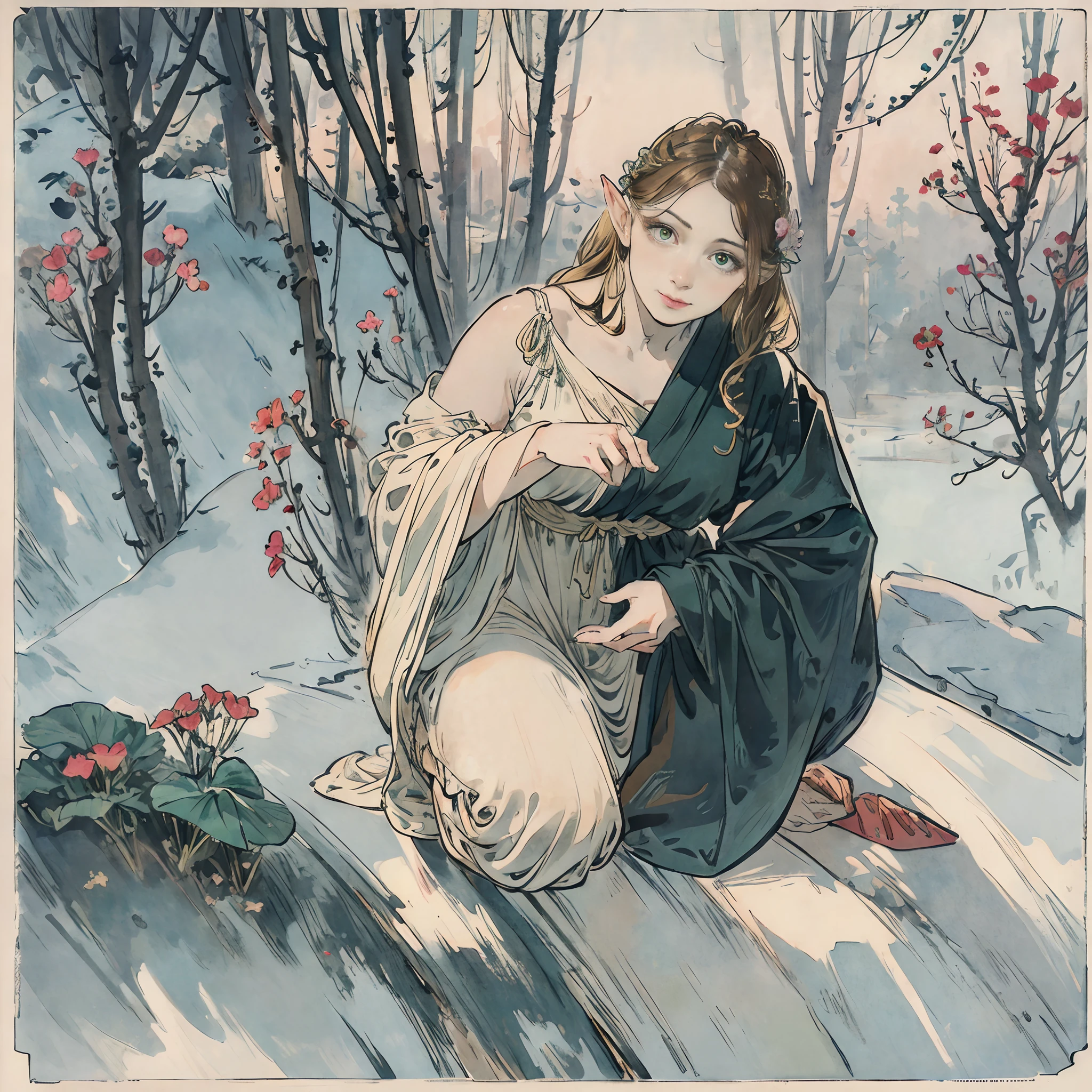 SFW,masutepiece, Best Quality, High resolution, 1girl in, Full body, Description Girls, detail hands, Detail fingers, Detail Face, detail legs, 1girl in, elf, Looking down, Flower Garden, Black sky, smog, watercolor paiting, pale skin, Petite, Blonde hair, Long hair, Wavy Hair, saddened, mournful smile, Green eyes, tareme, medium breasts, white sundress, Bare back, Kneeling, tree planting