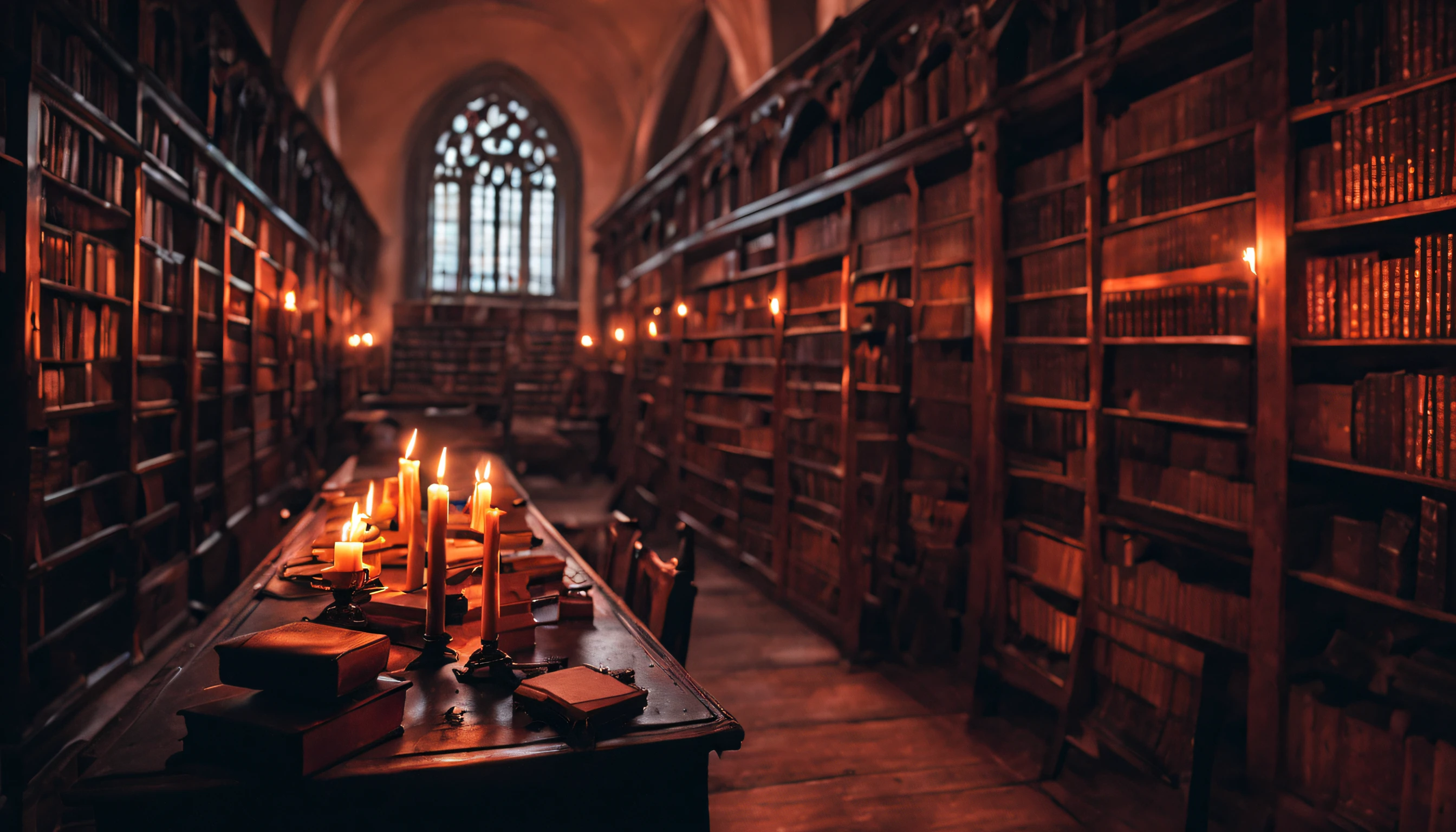 Cinematic photograph of a Haunted gothic academic library. a recently extinguished candle, smoke wafting away. the candle rests atop a desk covered in Eldritch tomes. The library trails off into darkness with stray candles illuminating distant shelves. Burnt orange candlelight, purple shadows, dark green accents.