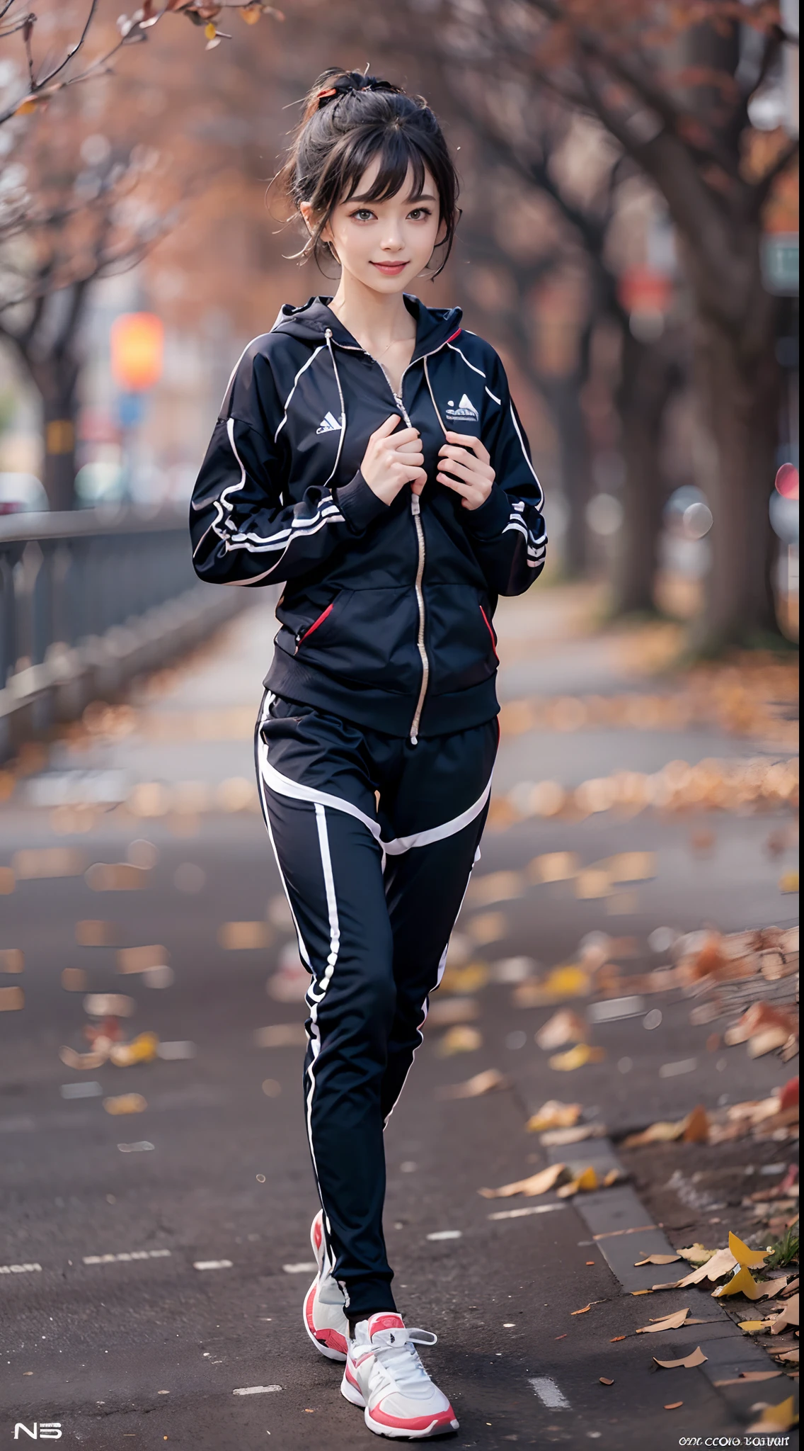 (NSFW), 1womanl, Solo, 24 year old, 7headed body, (cute  face), (Ideal ratio body proportions), a park, Running, ((Upper body tracksuit)), ((Lower body tracksuit)), Smiling smile, erectile nipple, Sexy body, Wet, short-hair, Dark hair, small tits, A slender, Small buttocks, beauty legs, Skinny Legs, surrealism, Cinematic lighting, depth of fields, One-person viewpoint, F/1.8, 135 mm, nffsw, masutepiece, ccurate, ((Anatomically correct)), Textured skin, Super Detail, high details, High quality, awardwinning, Best Quality, hight resolution, 8K