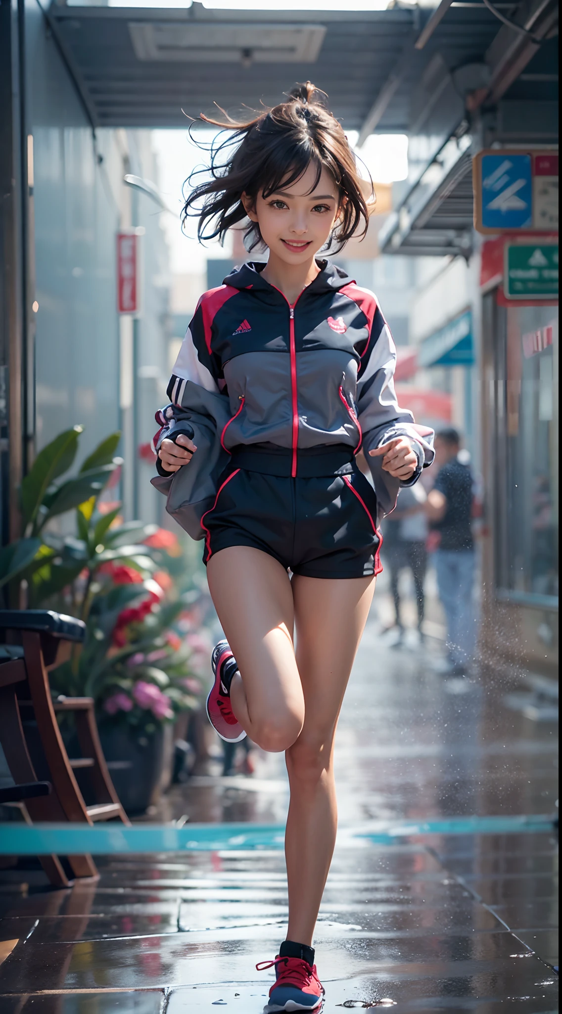 (NSFW), 1womanl, Solo, 24 year old, 7headed body, (cute  face), (Ideal ratio body proportions), a park, Running, ((Upper body tracksuit)), ((Lower body tracksuit)), Smiling smile, erectile nipple, Sexy body, Wet, short-hair, Dark hair, small tits, A slender, Small buttocks, beauty legs, Skinny Legs, surrealism, Cinematic lighting, depth of fields, One-person viewpoint, F/1.8, 135 mm, nffsw, masutepiece, ccurate, ((Anatomically correct)), Textured skin, Super Detail, high details, High quality, awardwinning, Best Quality, hight resolution, 8K