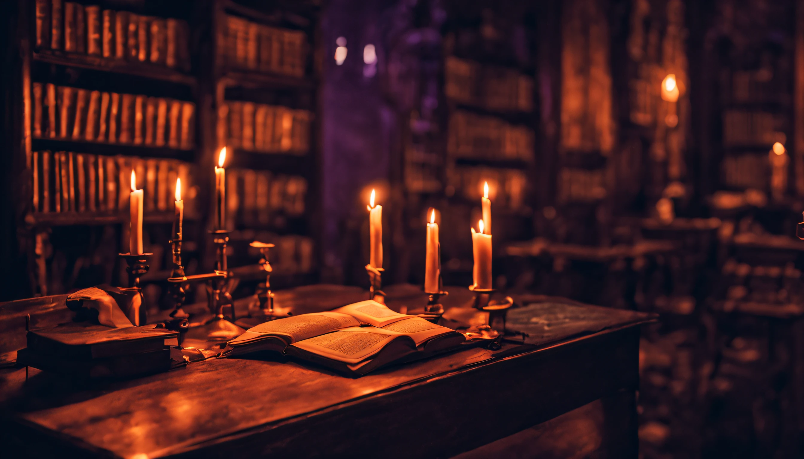 Cinematic photograph of a Haunted gothic academic library. a recently extinguished candle, smoke wafting away. the candle rests atop a desk covered in Eldritch tomes. The library trails off into darkness with stray candles illuminating distant shelves. Burnt orange candlelight, purple shadows, dark green accents.