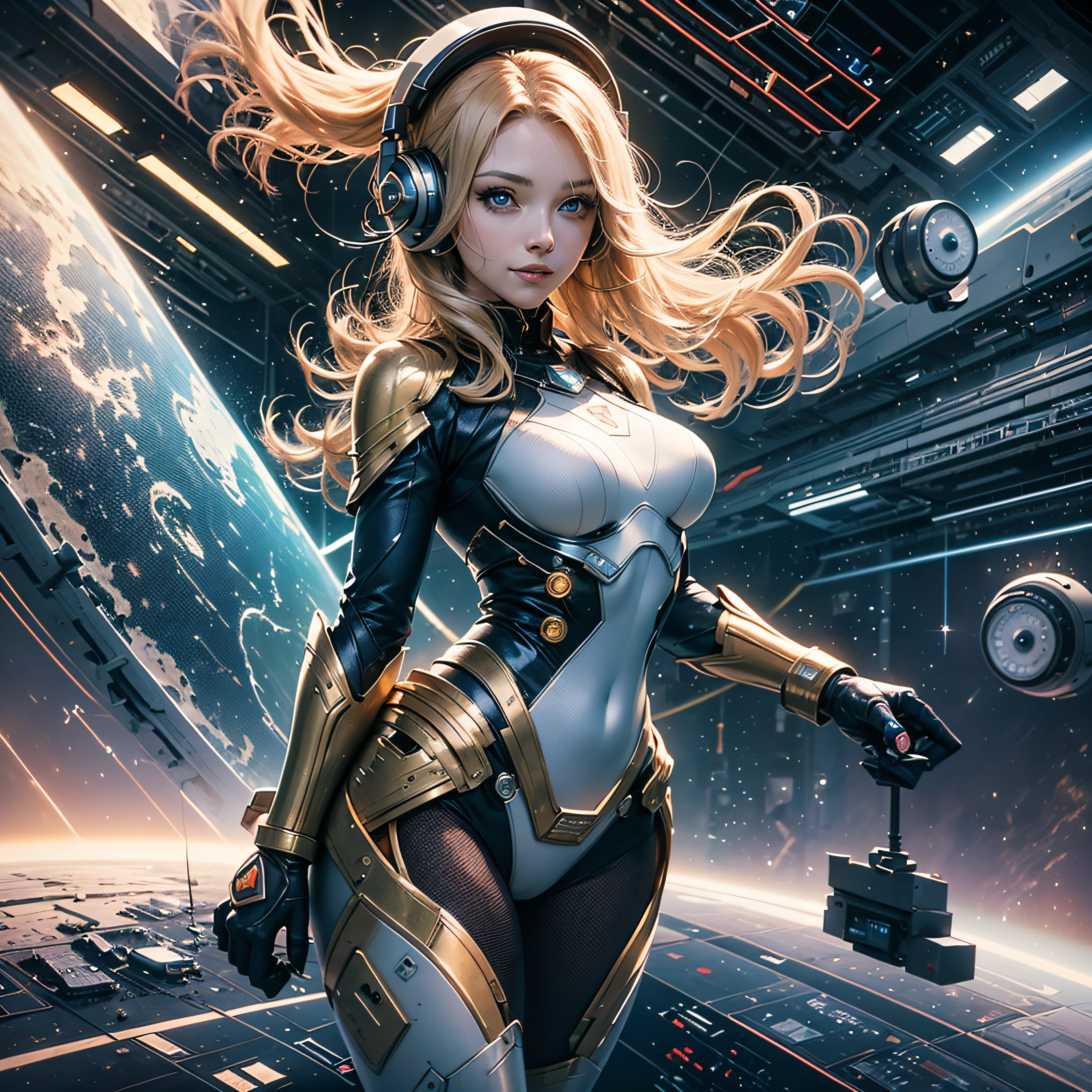 Full body, Wondergirl blonde hair, blunt van, masterpiece, top quality, official art, album art, very elaborate CG Unity 8K wallpaper, lone girl, Wondergirl, full body, super high resolution, (photorealistic: 1.4), dynamic angle, dynamic pose, mystical power, floating particles, reflection, so cute, sparkling blue color eyes, golden hour lighting, Pilot suit in white and blue and black colors, tight fitting clothes, full-body covering clothes, knee boots, (puffy eyes), viewer looking, front-facing, beauty, medium breasts, shirt lift, metal wire, slim body, arm-length gloves, anime heroine, gentle smile, headset, helmet, detailed robot cockpit, super futuristic space