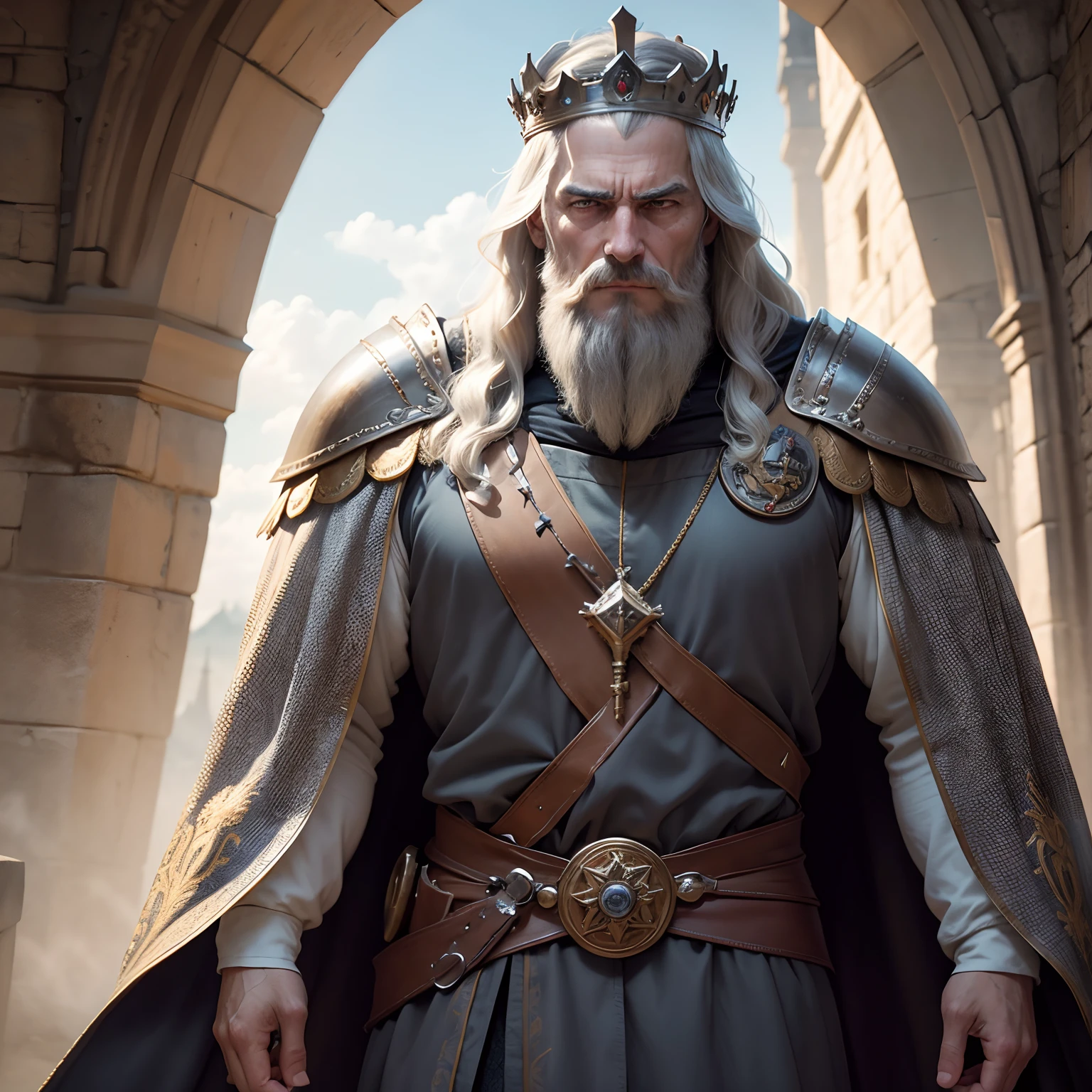 As the camera pans across the cinematic medieval tableau, our focus narrows on the detailed faces of the key characters:

The King's Visage: His face is a tapestry of stories, etched with the trials and tribulations of a lifetime. Each wrinkle tells of battles fought and victories won, but also of sacrifices made for the realm. His eyes, like deep pools of wisdom, pierce through the misty atmosphere, harboring the secrets of his reign. The light dusting of grey in his beard speaks of his years on the throne, where every decision weighed heavily. The regal crown upon his head casts shadows over a furrowed brow, a symbol of the crown's unrelenting weight. In this close-up, we see the king's eyes, an intricate blend of determination and vulnerability, as he gazes out over the realm he must protect.

The Loyal Knights: Each knight's face bears the unique story of their devotion to the king and the kingdom. Their helmets, adorned with elaborate crests and plumes, partially conceal their features, but their eyes reveal unwavering commitment. Behind the protective visors, their eyes gleam with the fiery resolve of warriors ready to lay down their lives for their liege. The meticulous craftsmanship of their armor is evident in the way it contours to their chiseled jawlines, reflecting their stalwart dedication.

The Enigmatic Background: The misty, medieval landscape serves as a backdrop, adding an air of mystery and intrigue to the scene. Faces of commoners and townsfolk can be faintly seen in the distant city, their expressions veiled by uncertainty as they look toward the castle for guidance in these trying times. Their faces, although less detailed, reflect a range of emotions—hope, fear, and resilience—as they await the king's decisions that will shape their fate.

This cinematic close-up provides a glimpse into the souls of these characters, highlighting the rich emotional depth of the medieval king and his loyal knights, setting the stage for a grand and epic tale wa