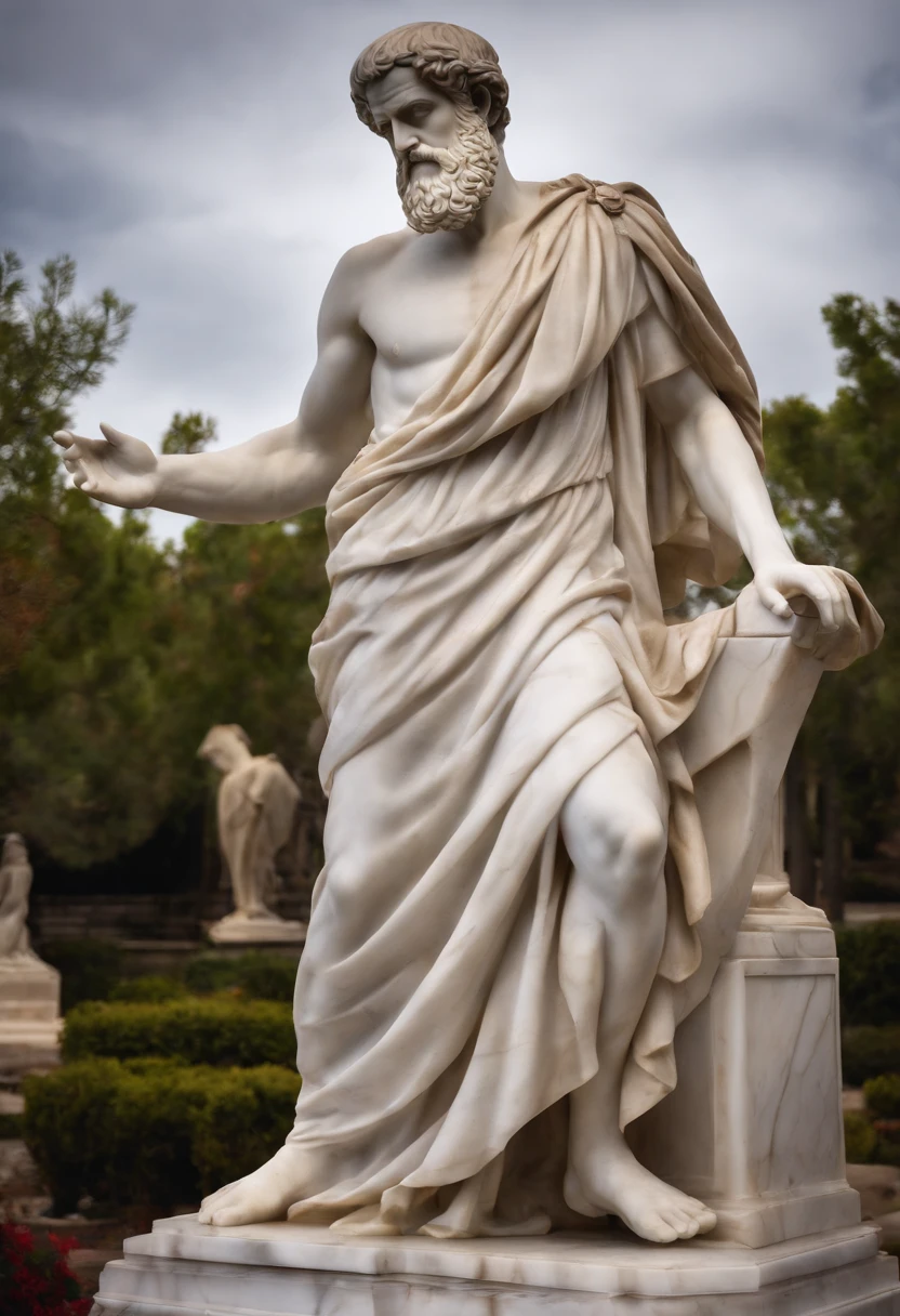 A realistic Greek white marble statue of the brave Aristotle detailed wearing a ghostly toga