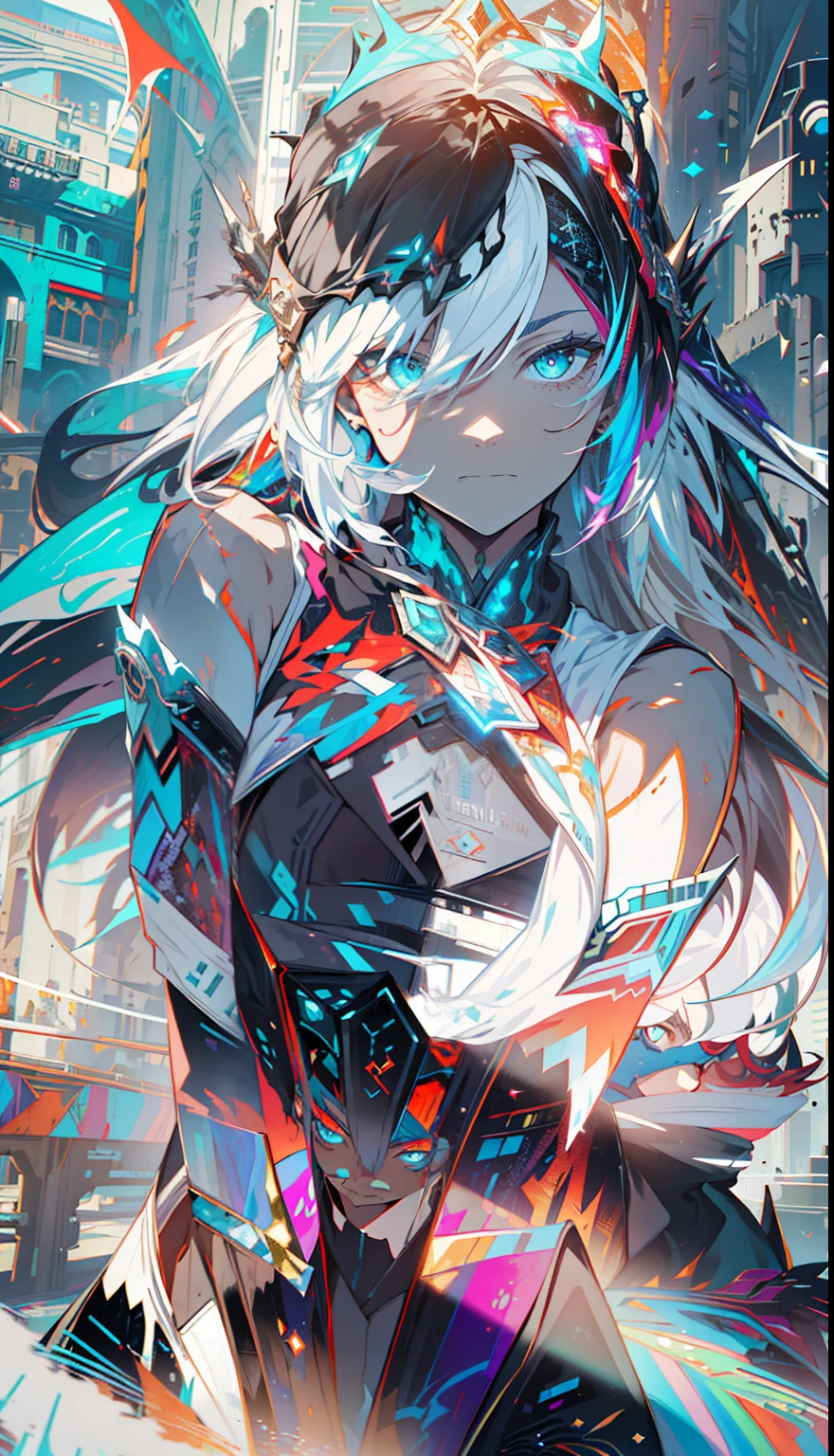 Cyberpunk female, fantasy world, dark background, clean design, epic instagram, artstation, colorful paint splatter, silhouette, hyper detailed intricate details, unreal engine, fantasy, intricate details, splash screen, complementary colors, Fantasy concept art, 8k resolution, deviantart masterpiece, oil painting, heavy strokes, paint dripping, (isolated on white background: 1.3), rainbow skin, (((beutiful young woman))), ((age:1.5) ), (glowing blue eyes), ((light eyes)), ((((white hair: 1.1))), ((black clothes)), (prince\\(indifferent expression\\),, ( ((Wears high detail luxurious black robe))), white hair, frost magic, --v 6