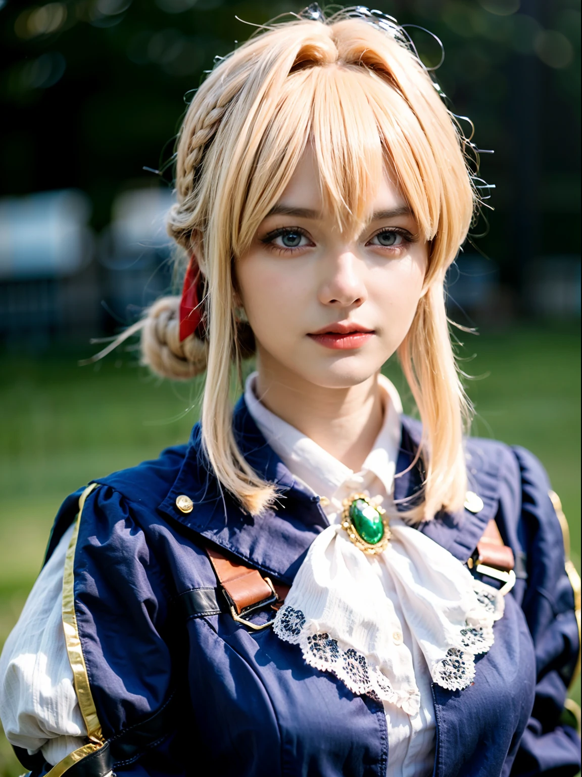 violet_evergarden, blue_eyes, best quality, ultra high res, (photorealistic1.4), 1girl, (blonde long hair:1.3), expressionless, long dress, hair braid, red ribbon, green gem neklace, ((puffy eyes)), ((upper body)), (((looking at viewer))), ((closeup)),