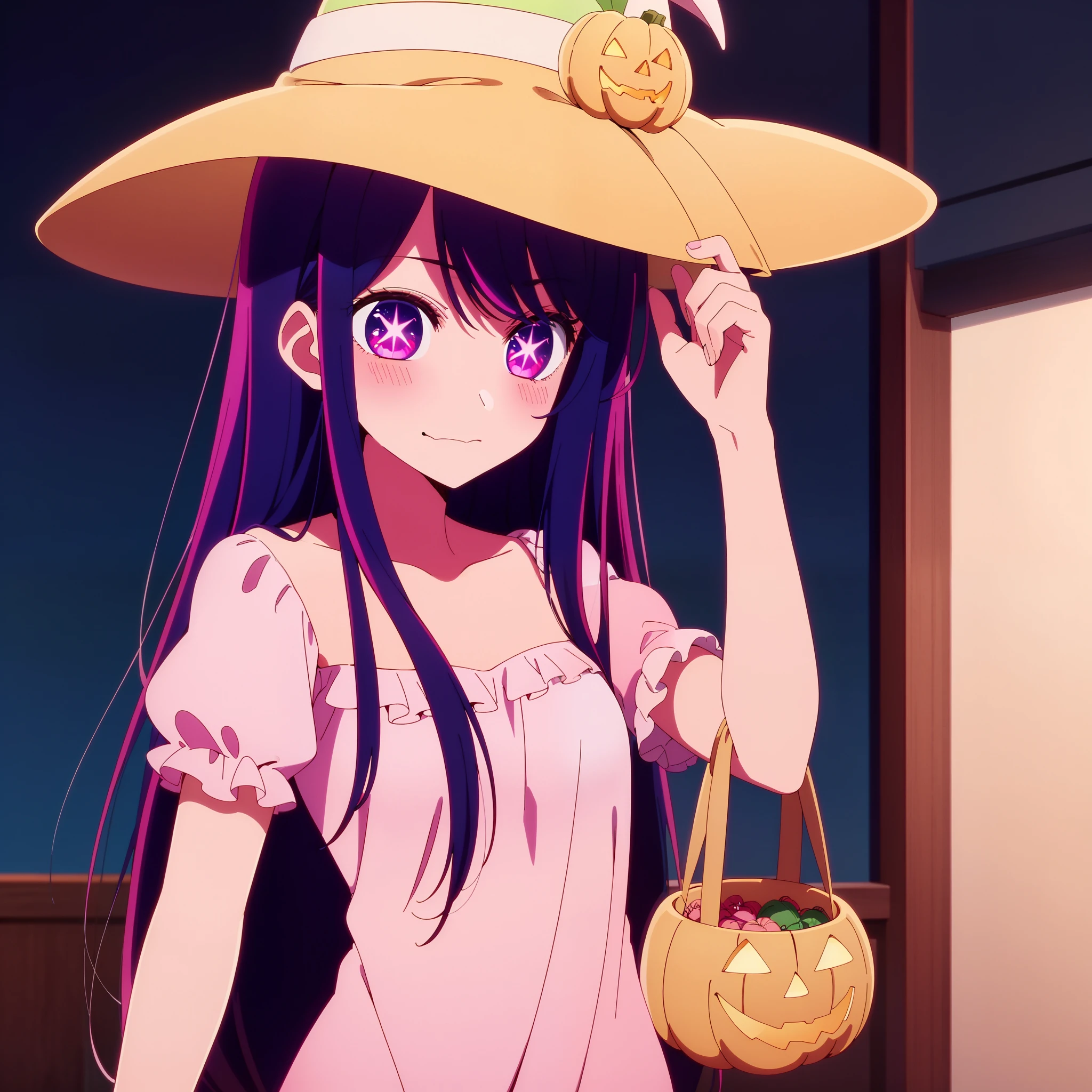 Anime girl with long hair and purple eyes, a picture inspired by Puru, Tumbler, conceptual art, Anime Best Girl, anime moe art style, Anime visuals of cute girls, iwakura lain, anime still image, (Anime Girl)、cute, embarrassed, detailed background, Ai Hoshino、(witch hat, Halloween theme, cute:1.1)