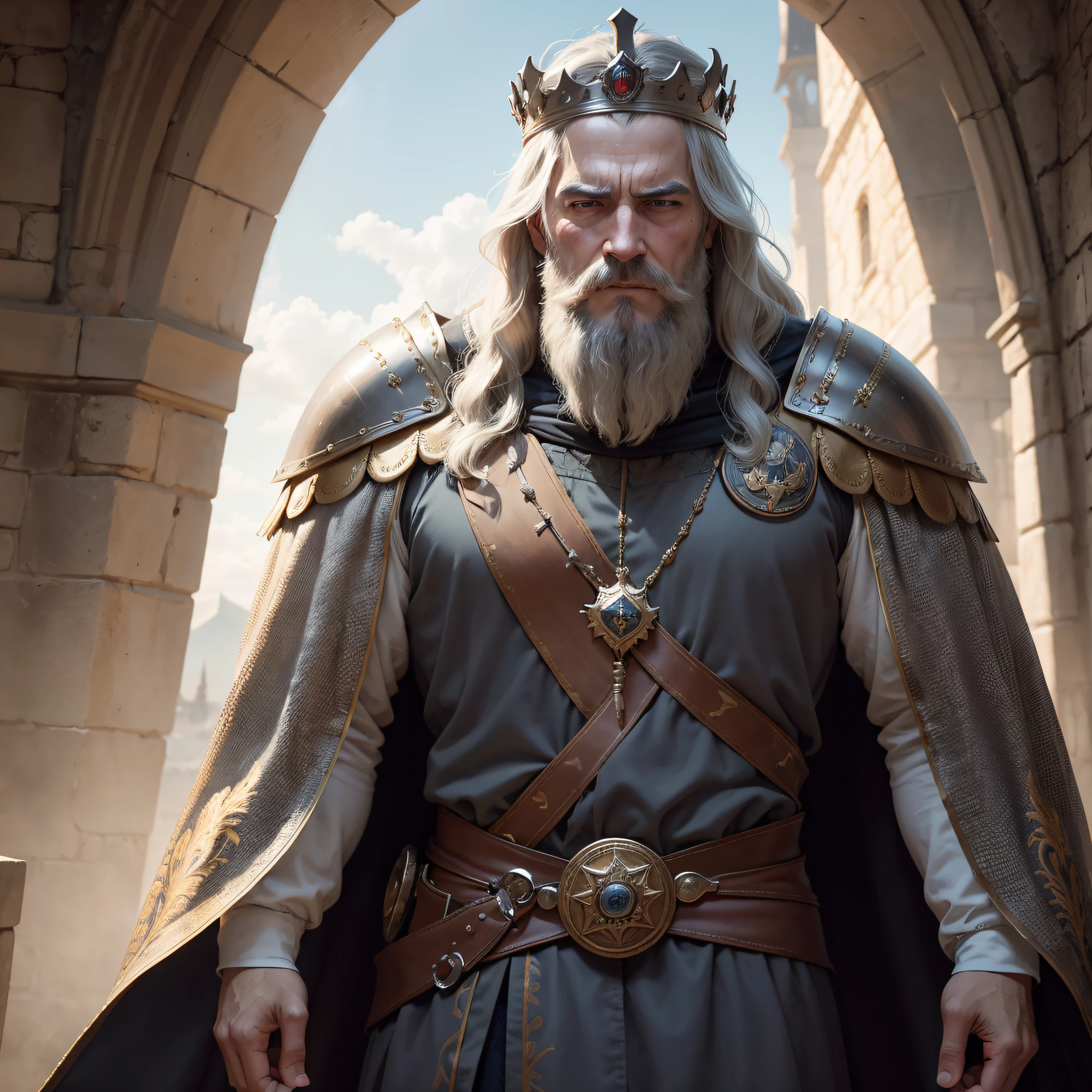 While the camera travels through the medieval cinematographic picture, Nuestro enfoque se centra en las caras detalladas de los personajes clave:
El rostro del rey: Su rostro es un tapiz de historias, grabado con las pruebas y tribulaciones de toda una vida. Cada arruga habla de batallas libradas y victorias ganadas, but also of sacrifices made for the kingdom. Sus ojos, like deep pools of wisdom, Traverse the misty atmosphere, Albergando los secretos de su reinado. The slight gray dust on his beard speaks of his years on the throne., where each decision weighed heavily. La corona real sobre su cabeza proyecta sombras sobre una frente fruncida, A symbol of the relentless weight of the crown. En este primer plano, Vemos los ojos del Rey, An intricate mix of determination and vulnerability, Mientras contempla el reino que debe proteger.
Los Caballeros Leales: Each knight's face bears the unique story of his devotion to the king and the kingdom... Sus cascos, adornado con elaboradas crestas y penachos, partially hide its features, Pero sus ojos revelan un compromiso inquebrantable. Behind the protective visors, His eyes shine with the fiery resolve of warriors ready to give their lives for their lieutenant... The meticulous craftsmanship of his armor is evident in the way it contours his chiseled jaws.., reflecting their unconditional dedication.
The enigmatic background: La brumosa, The medieval landscape serves as a backdrop, adding an air of mystery and intrigue to the scene. The faces of the commoners and townspeople can faintly be seen in the distant city., Their expressions veiled by uncertainty as they look towards the castle for guidance in these difficult times.. Sus rostros, aunque menos detallado, Refleja una variedad de emociones: esperanza, miedo, y resiliencia, while waiting for the king's decisions that will shape their destiny..
This cinematic close-up offers a glimpse of