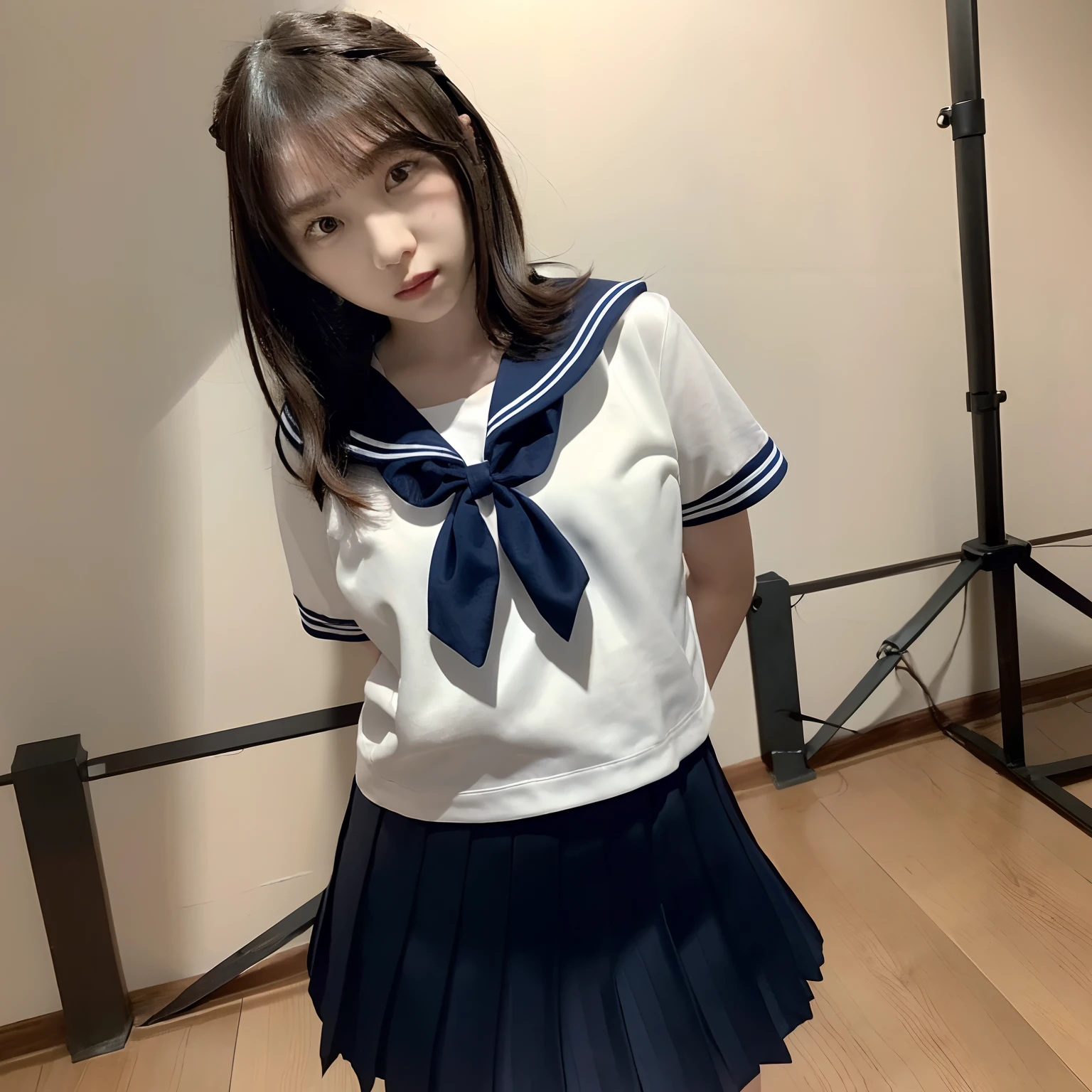 (masuter piece、top-quality、in 8K、32K、​masterpiece、nffsw、超A high resolution、Impresionismo、Photorealsitic:1.2)、cowboy  shot、foco nítido、detailed faces and eyes、beauitful face、blurry backround、blue open sky、shinny skin、Sharp pupils、Realistic pupils、beauitful face、blurry backround、14 year old beautiful girl、shinny skin、short-hair、poneyTail、Black and beautiful hair、Red Eyes、(a sailor suit、Dark blue pleated skirt、Running:1.3)、(Skirt Roll Up、White panties are visible:1.2)、thighs thighs thighs thighs、Curve、Dynamic Poses、Powerful composition、Troubled face、I'm in a hurry、Teary-eyed、Sweating