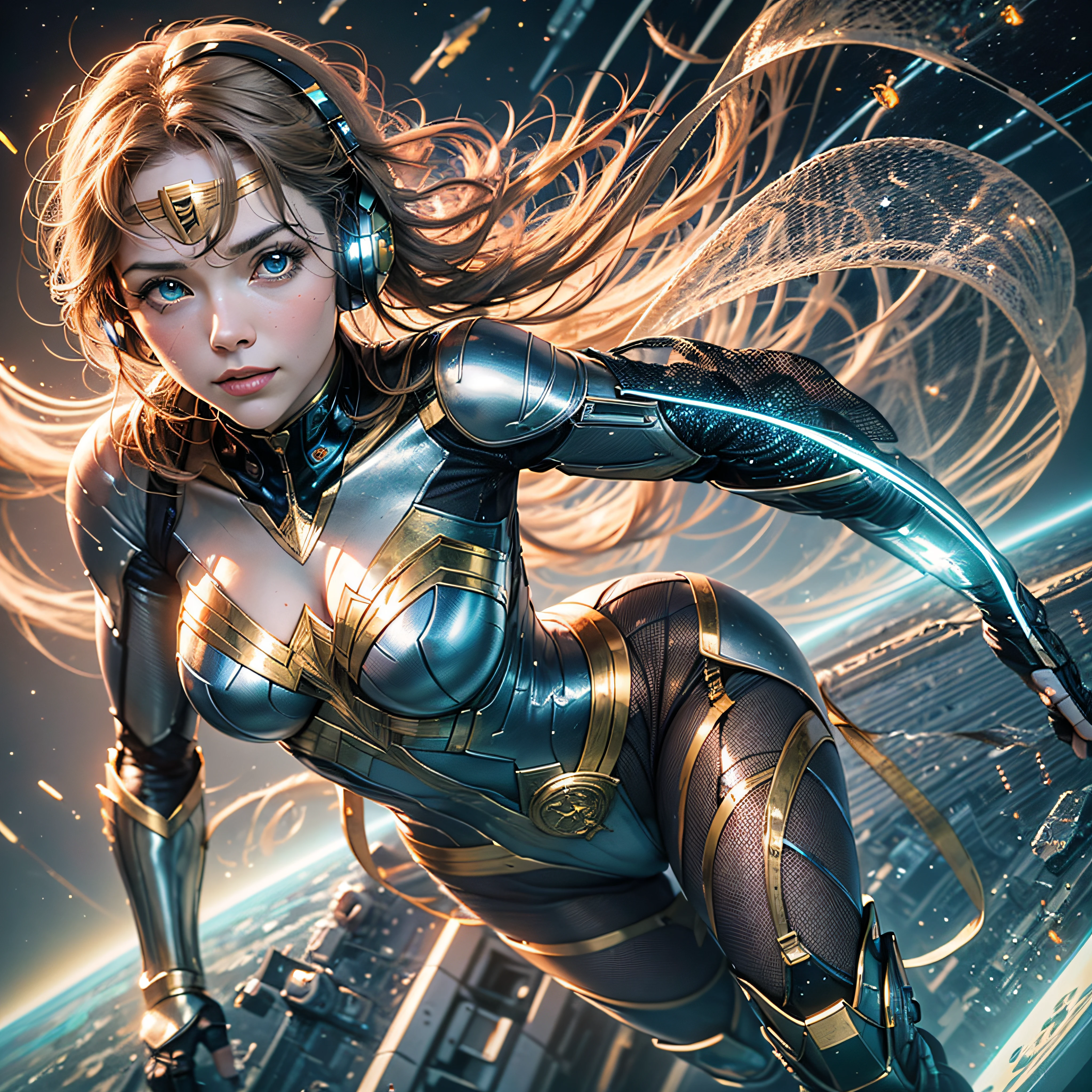 Full body, young Wonder Woman blonde hair, blunt van, masterpiece, top quality, official art, album art, very elaborate CG Unity 8K wallpaper, lone girl, Wondergirl, full body, super high resolution, (photorealistic: 1.4), dynamic angle, dynamic pose, mystical power, floating particles, reflection, so cute, sparkling blue color eyes, golden hour lighting, Pilot suit in white and blue and black colors, tight fitting clothes, full-body covering clothes, knee boots, (puffy eyes), viewer looking, front-facing, beauty, medium breasts, shirt lift, metal wire, slim body, arm-length gloves, anime heroine, gentle smile, headset, helmet, detailed robot cockpit, super futuristic space