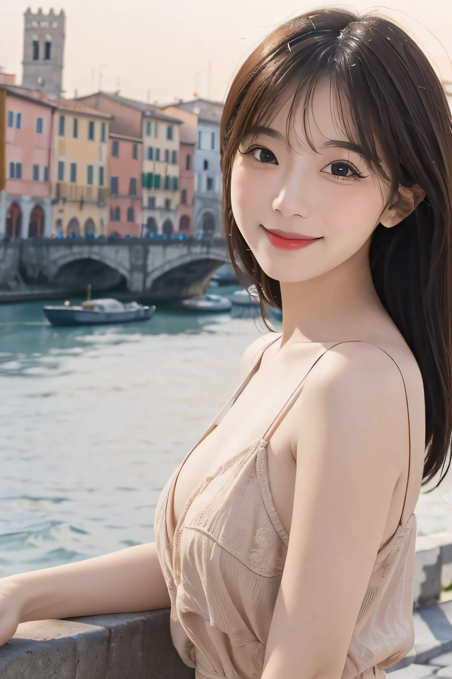1girl in、Italy、Daytime、A city scape、A smile、The upper part of the body、a closeup、8K、Raw photography、top-quality、​masterpiece、realisitic、Photorealsitic、