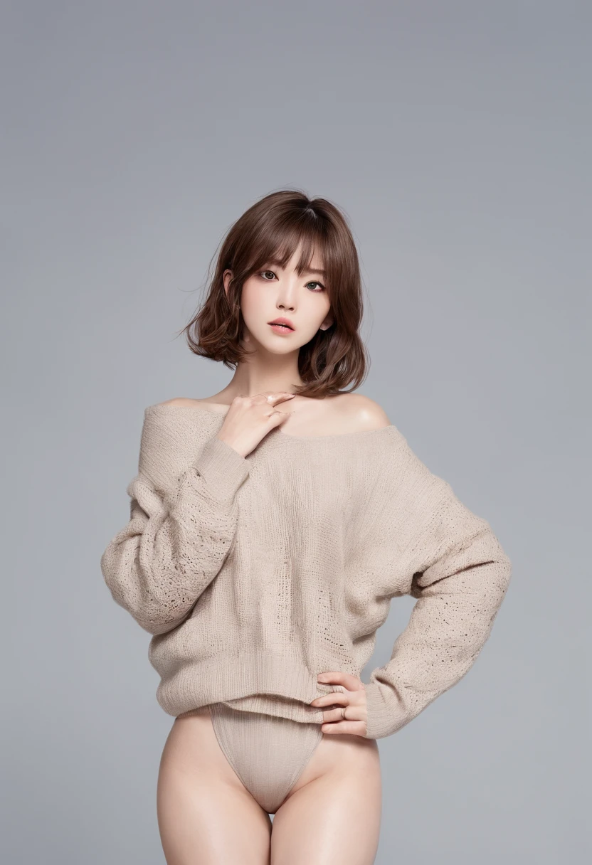 facing backwards,gravure,from below,sweater,No bra,Nipples standing out from under clothing.,bob hair,brown hair,brown eyes,naughty expression,hot spring,best quality,masterpiece,ultra-detailed