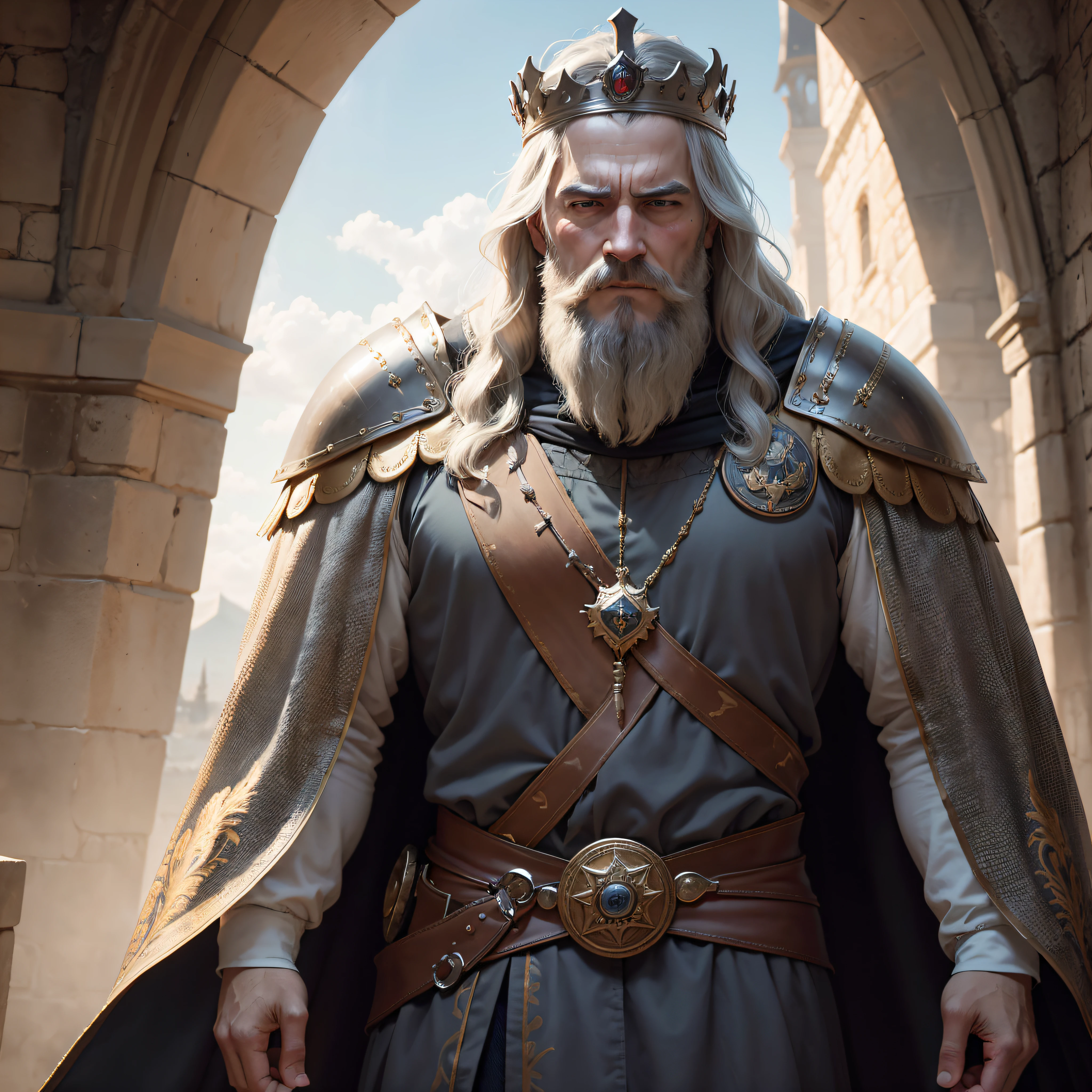 While the camera travels through the medieval cinematographic picture, Nuestro enfoque se centra en las caras detalladas de los personajes clave:
El rostro del rey: Su rostro es un tapiz de historias, grabado con las pruebas y tribulaciones de toda una vida. Cada arruga habla de batallas libradas y victorias ganadas, but also of sacrifices made for the kingdom. Sus ojos, like deep pools of wisdom, Traverse the misty atmosphere, Albergando los secretos de su reinado. The slight gray dust on his beard speaks of his years on the throne., where each decision weighed heavily. La corona real sobre su cabeza proyecta sombras sobre una frente fruncida, A symbol of the relentless weight of the crown. En este primer plano, Vemos los ojos del Rey, An intricate mix of determination and vulnerability, Mientras contempla el reino que debe proteger.
Los Caballeros Leales: Each knight's face bears the unique story of his devotion to the king and the kingdom... Sus cascos, adornado con elaboradas crestas y penachos, partially hide its features, Pero sus ojos revelan un compromiso inquebrantable. Behind the protective visors, His eyes shine with the fiery resolve of warriors ready to give their lives for their lieutenant... The meticulous craftsmanship of his armor is evident in the way it contours his chiseled jaws.., reflecting their unconditional dedication.
The enigmatic background: La brumosa, The medieval landscape serves as a backdrop, adding an air of mystery and intrigue to the scene. The faces of the commoners and townspeople can faintly be seen in the distant city., Their expressions veiled by uncertainty as they look towards the castle for guidance in these difficult times.. Sus rostros, aunque menos detallado, Refleja una variedad de emociones: esperanza, miedo, y resiliencia, while waiting for the king's decisions that will shape their destiny..
This cinematic close-up offers a glimpse of