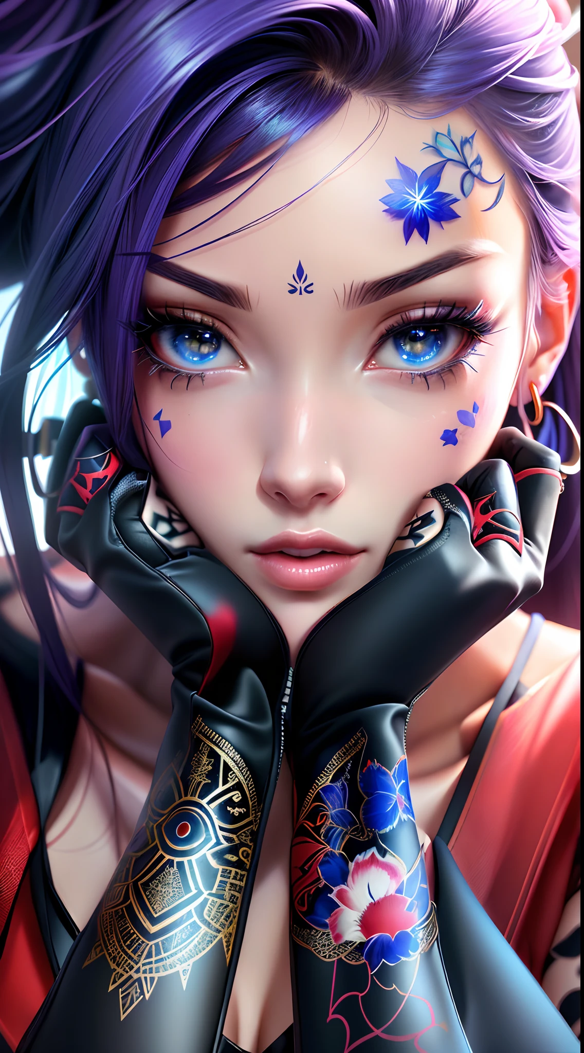 um close up de uma mulher com tatuagens no rosto, retrato impressionante do rosto do anime, Arte digital realista 4K, Arte digital realista 4K, bela arte digital, estilo anime 4K, 8k arte detalhada de alta qualidade, estilo de arte realista, Estilo anime 3D realista, estilo de arte realista, Grande arte digital com detalhes, estilo anime. 8k, arte de anime realista