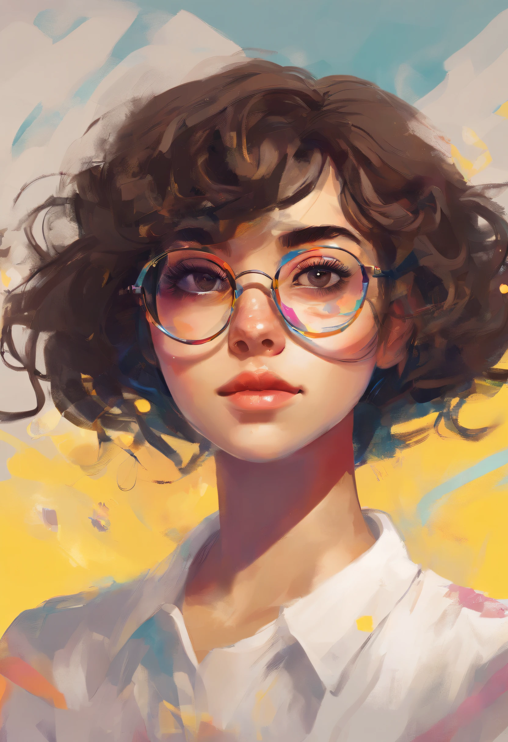 teen girl 19 year old, big eyes, really short curly hair, round glasses, white shirt, colorfull yellow background,
