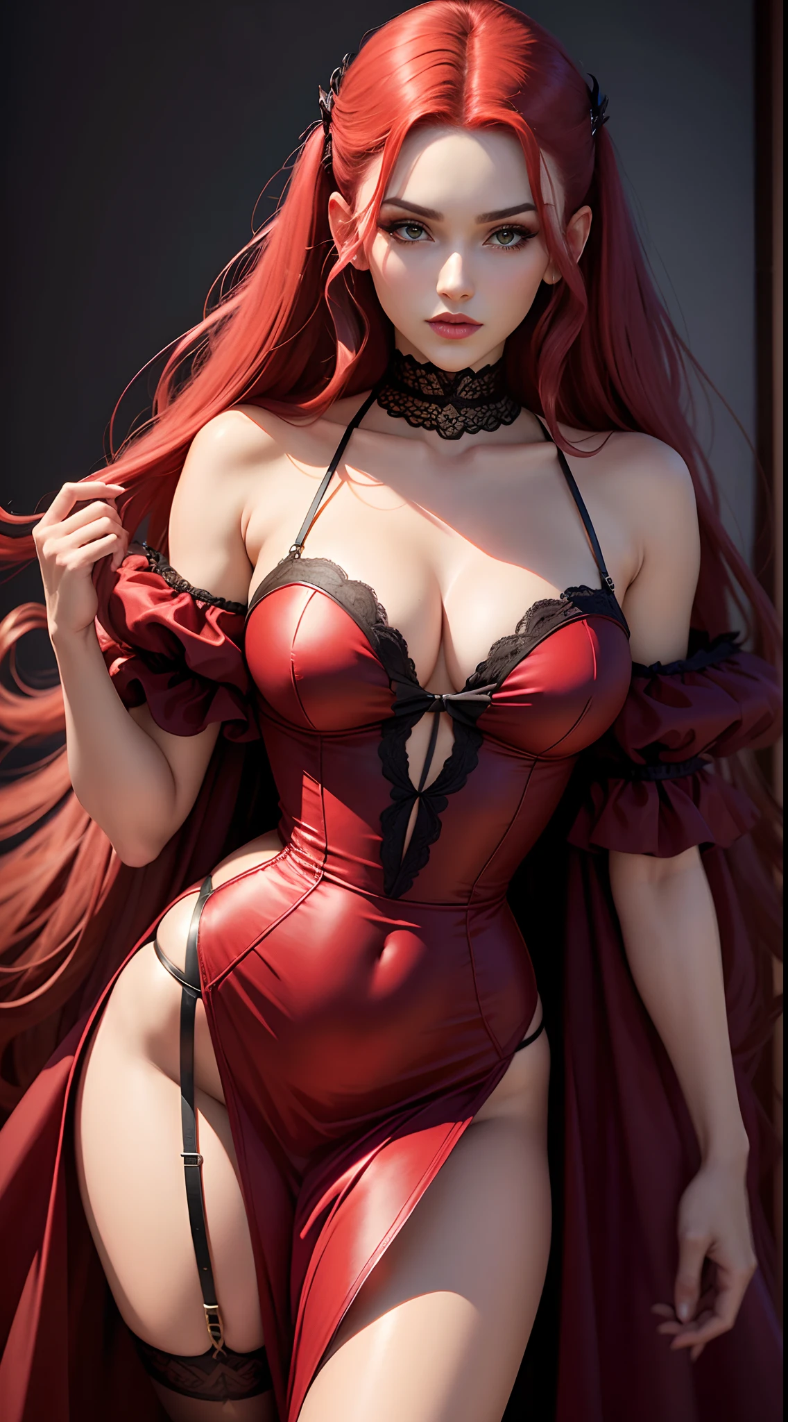1 , succubus, cabelo chanel, cabelo vermelho, ruiva, lingerie preto e vermelho, castlevania, 30 anos, espartilho sensual, vestido cropped, aparecendo o corpo, very sharp image, 8K, beautiful face, beautiful body, very beautiful clothes, alluring