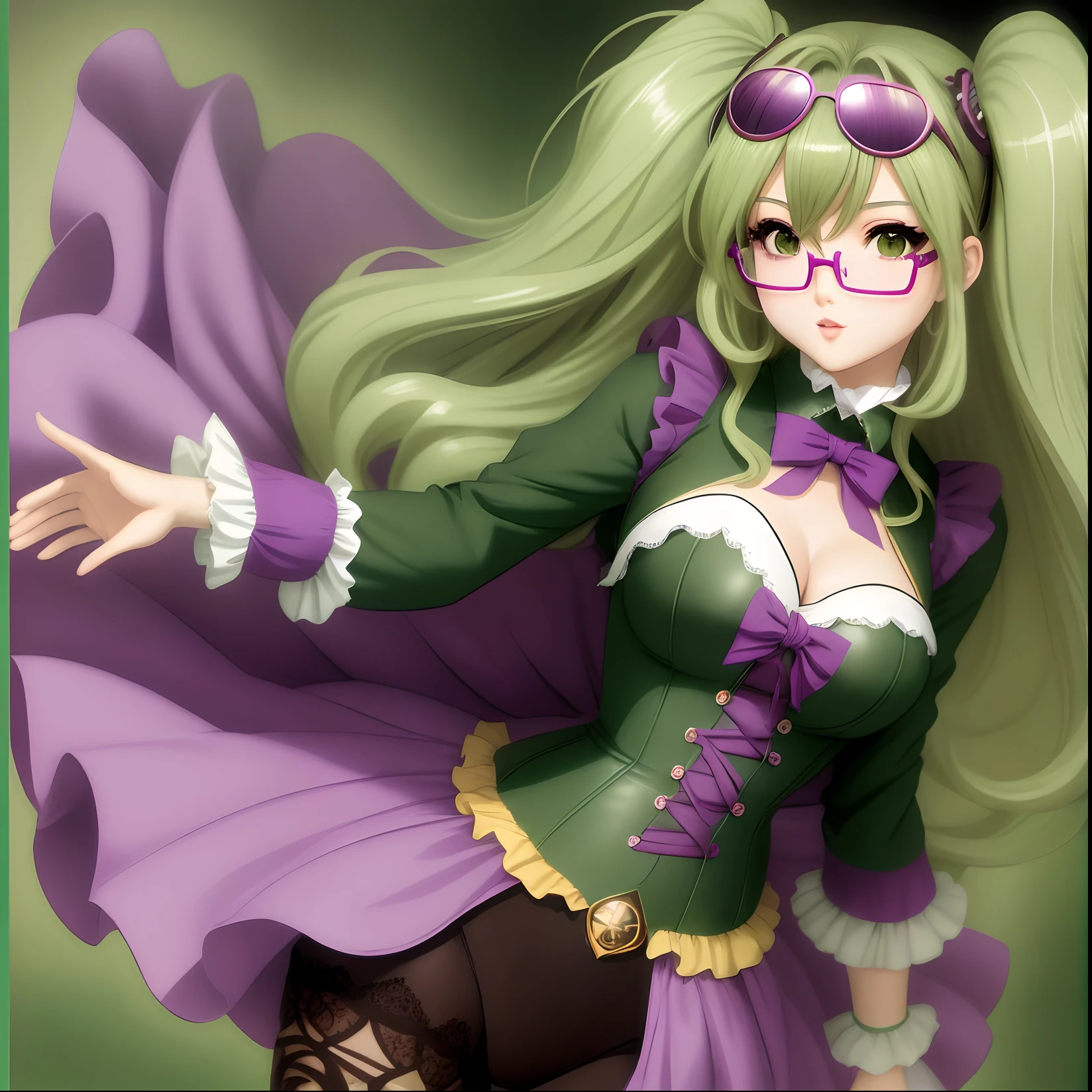 Chica anime hermosa, gotic, pelo verde con rayitos rosados, gafas Rayban Aviator color verdes, Green and purple gothic costume