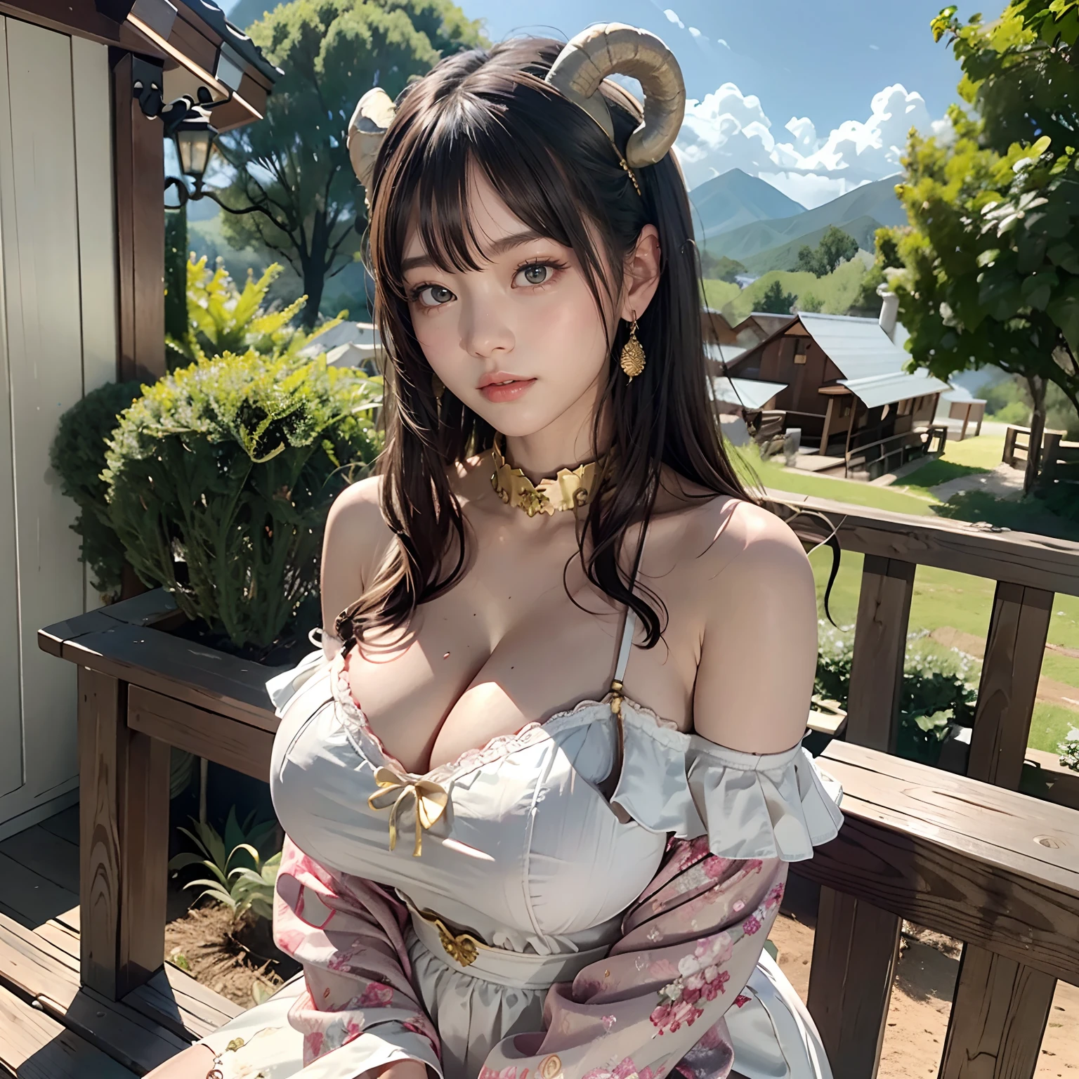 Women in Their 20s、 Fantasia、offcial art, unity 8k wall paper, ultra-detailliert, beautifly、Aesthetic, ​masterpiece, top-quality, Photorealsitic、Big eyes、Sheep Woman、Sheep's ears、Sheep's Horn、Giant Spiral Horn、Large bell collar:2.0、Mokomoko Dress、Generative Fabric、One piece with frills、depth of fields, Fantastic atmosphere, Calm palette, tranquil mood, Soft shading、bbw、very large breast、plump figure、Ranch on the mountain、wooden fence、Green Tree々、Flock of sheep:1.8