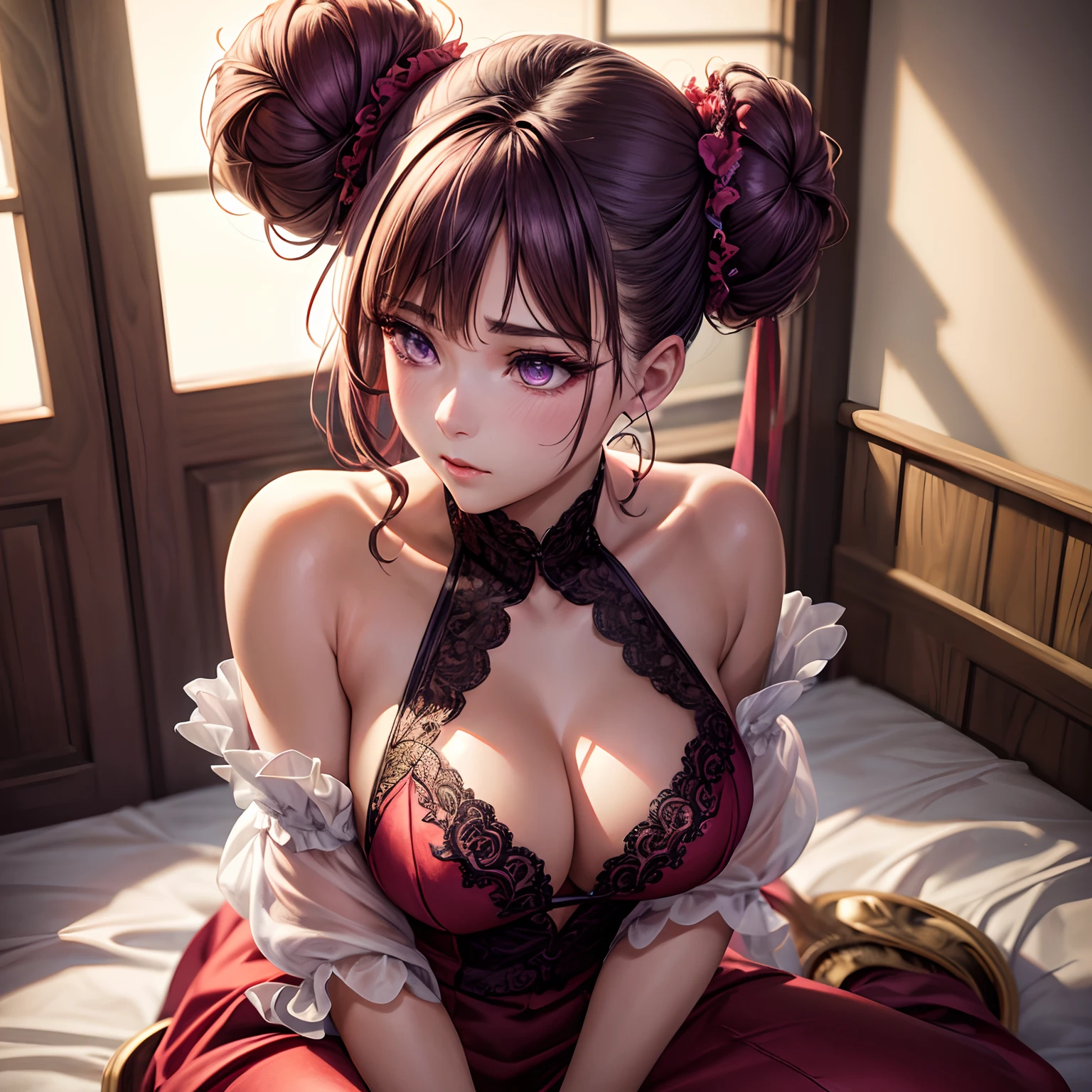 One beautiful woman, Detailed purple eyes, side bun hair, side bun, eye shadow, thighs, silk short red dress with yellow embellishment, lace collar in the shape of a halter, without shoulders, intricately detailed outfit, At home,Dynamic pause, soft volumetric lighting, Perfect facial anatomy, perfect eye anatomy, high detail, hdr, detailed face, glossy, Smooth, flawless skin, realistic details, hdr