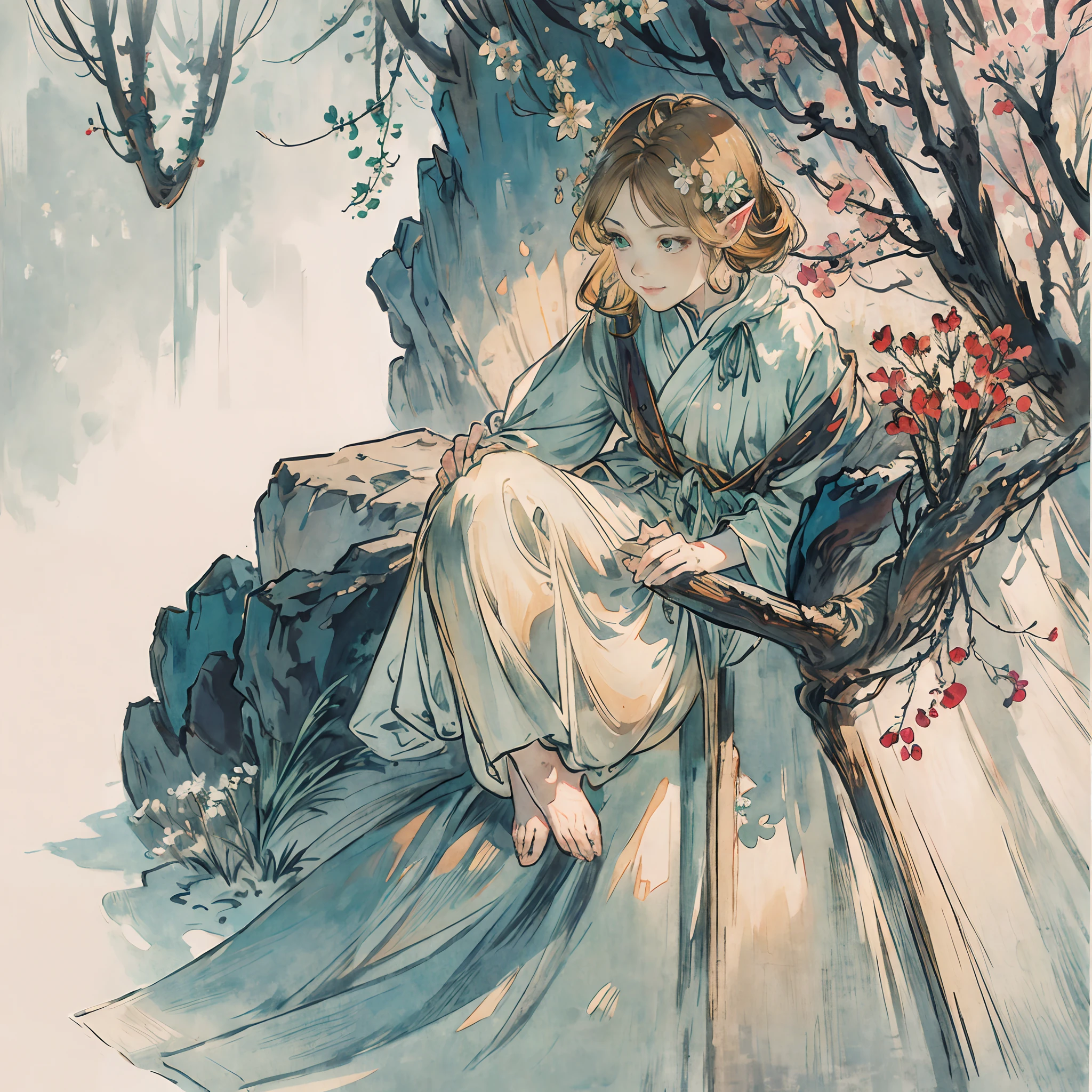 SFW,masutepiece, Best Quality, High resolution, 1girl in, Full body, Description Girls, detail hands, Detail fingers, Detail Face, detail legs, 1girl in, elf, Looking down, Flower Garden, Black sky, smog, watercolor paiting, pale skin, Petite, Blonde hair, Long hair, Wavy Hair, saddened, mournful smile, Green eyes, tareme, medium breasts, white sundress, Bare back, Kneeling, tree planting