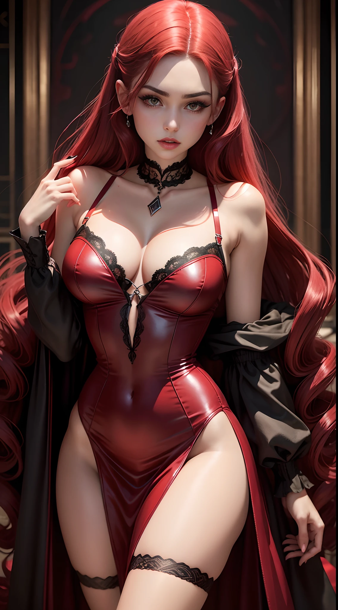 1 menina, succubus, cabelo chanel, cabelo vermelho, ruiva, lingerie preto e vermelho, castlevania, 30 anos, espartilho sensual, vestido cropped, aparecendo o corpo, very sharp image, 8K, beautiful face, beautiful body, very beautiful clothes, alluring