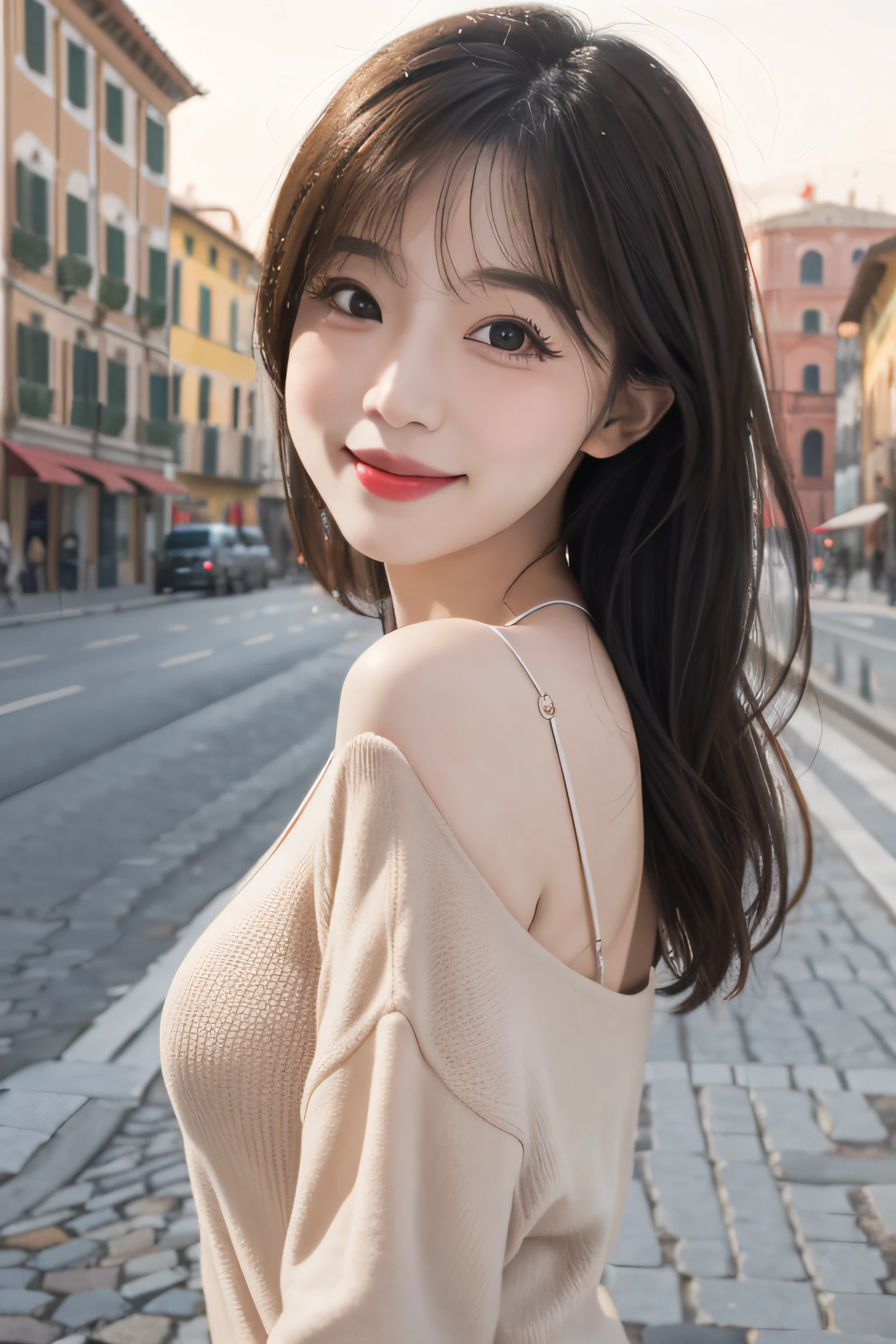 1girl in、Italy、Daytime、A city scape、A smile、The upper part of the body、a closeup、8K、Raw photography、top-quality、masterpiece、realisitic、Photorealsitic、