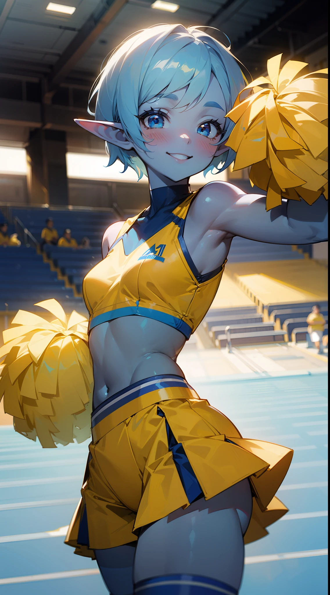 1teen girl,((blue skin)),solo,smile,yellow cheerleader outfit,light blue hair,short hair,elf ears,blu eyes,blush,standing in a school stadium,cowboy shot