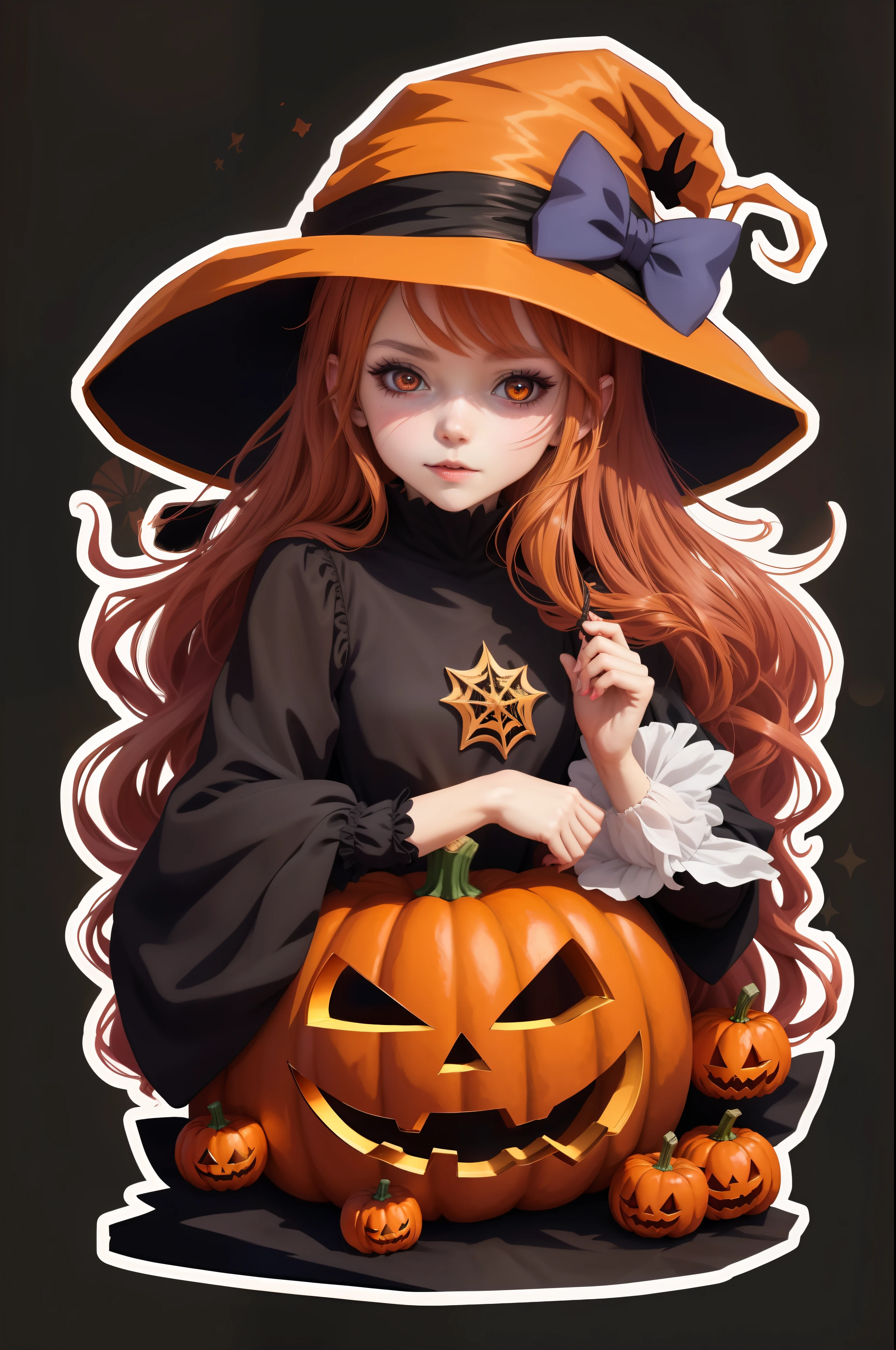 (Detailed illustrations,Very detailed and detailed drawing,Delicate lines with slow and rapid,Realistic texture expression),[Color tressed main line],[[Skull Moon] Midnight Graveyard [[ghosting]]],[HENTAI] kawaii ((anime) Girl (Pretty) 13years [SKINNY [morbid]]) (Light orange hair [Trimmed bangs]) ((magical little girl) pumpkins [Jack Lantern]),([the bats] Head dress) (Torn and perforated cape [[Eyeball Accessories] dress shirts (Ren Hao (frilld) bow ribbon)] (suspenders)[Black culotte skirt] [overknee socks [Stripes]] [[Eye patches, bandages, adhesive plasters]] [lacy fabric:0.8])[[Splicing][seam]],Transparency [Soft ambient light:0.6] gravure [[Halloween]][Colorful],(Intricate and beautiful decoration [Dense detail]),(Fine and beautiful skin expression [Transparency]),[Perfect eye details (Iris beautifully drawn in every detail)],[long and beautiful eyelashes:0.4],[Fine hair details],(Perfect hand details [Fingers without breakdown]),(Perfect Anatomy (Perfectly proportioned)) [[Full body like]],[Ideal color coordination(Accurate simulation of light-material interactions)],(HighQuality,[Precision Detail] hight resolution,(detaileds,high-detail)),[Color illustration like pale watercolor][Visual art that conveys a sense of narrative] [[Eros in the Natural Body]].