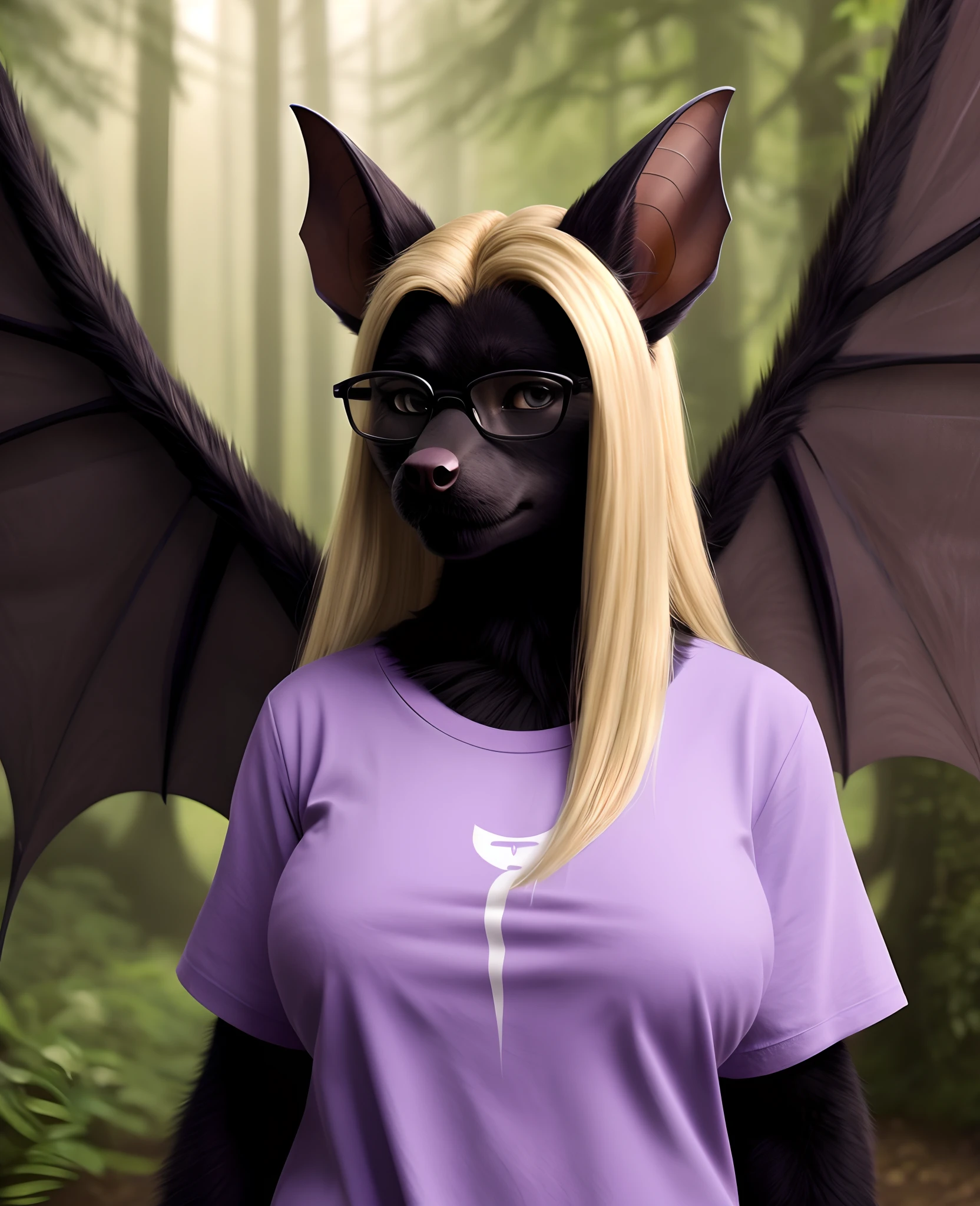 (head shot), forest setting, solo,
BREAK, 20 years old, (anthro bat:1.3), woman, slightly chubby, ((black fur:1.2), realistic fur, fur over body, detailed fur texture:1.2), long blonde hair, flowing hairstyle, grey eyes, (wearing glasses, wearing a (purple t-shirt)), (winged_arms), large breasts