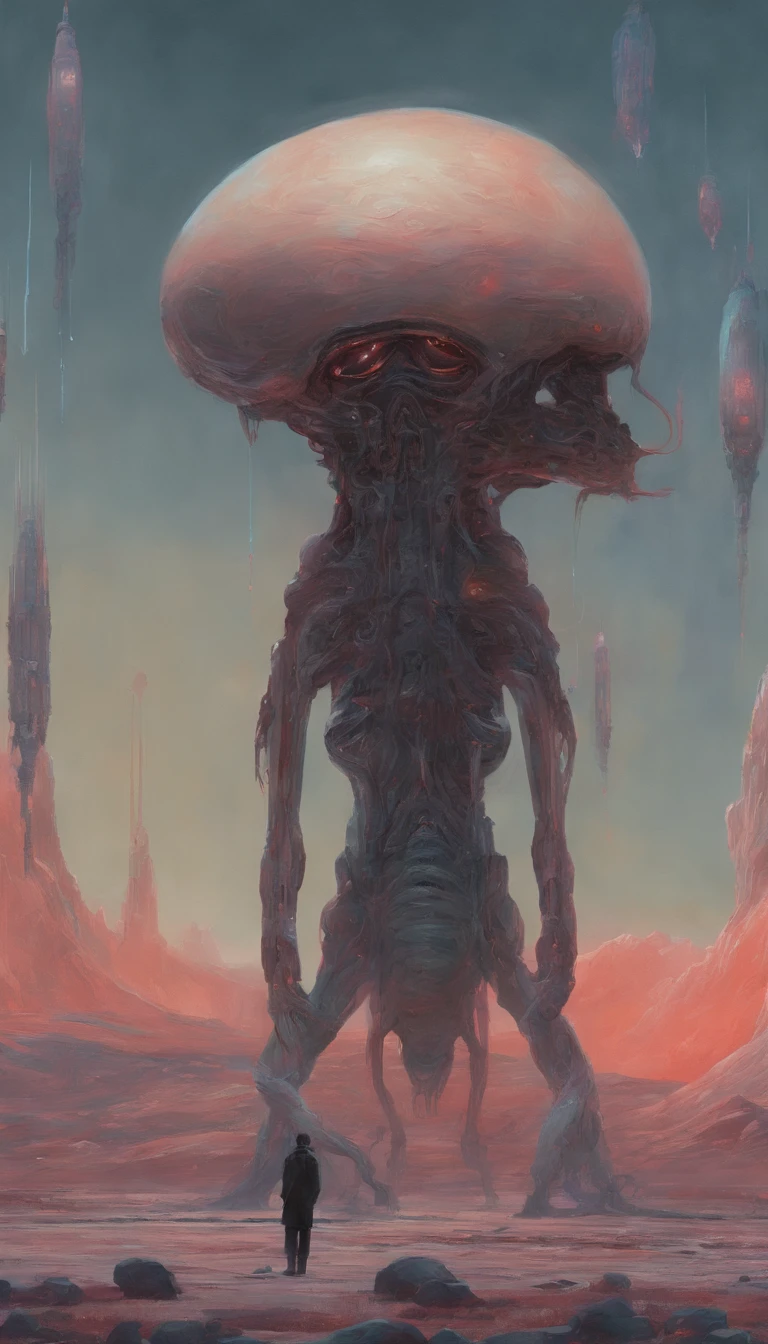 a man standing in front of a group of alien heads, inspired by Yanjun Cheng, inspired by Russell Dongjun Lu, beeple and james jean, by Russell Dongjun Lu, surreal painting, emotional surrealist art, yuri shwedoff and tom bagshaw, inspired by Jean Malouel, surrealism aesthetic, tom bagshaw style
