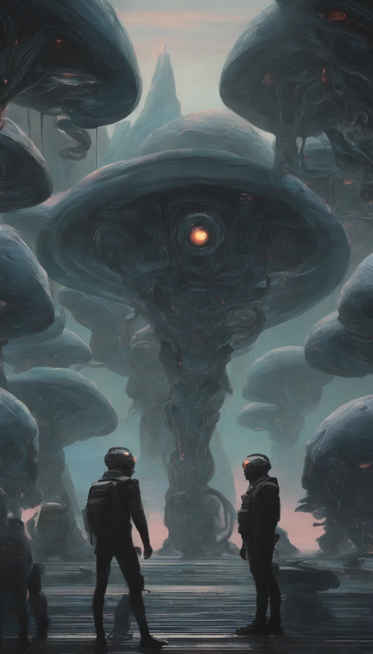 a man standing in front of a group of alien heads, inspired by Yanjun Cheng, inspired by Russell Dongjun Lu, beeple and james jean, by Russell Dongjun Lu, surreal painting, emotional surrealist art, yuri shwedoff and tom bagshaw, inspired by Jean Malouel, surrealism aesthetic, tom bagshaw style