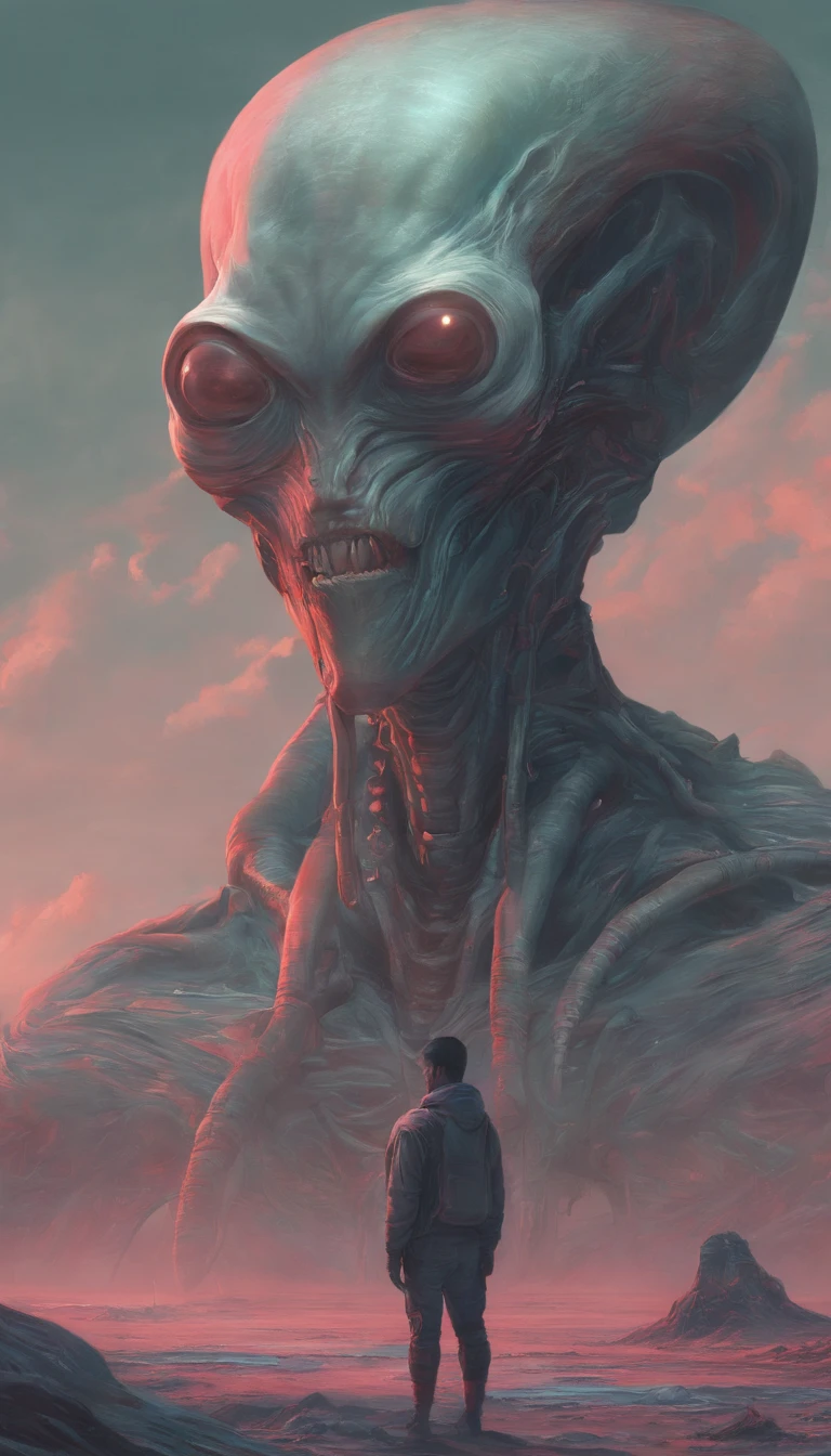 a man standing in front of a group of alien heads, inspired by Yanjun Cheng, inspired by Russell Dongjun Lu, beeple and james jean, by Russell Dongjun Lu, surreal painting, emotional surrealist art, yuri shwedoff and tom bagshaw, inspired by Jean Malouel, surrealism aesthetic, tom bagshaw style