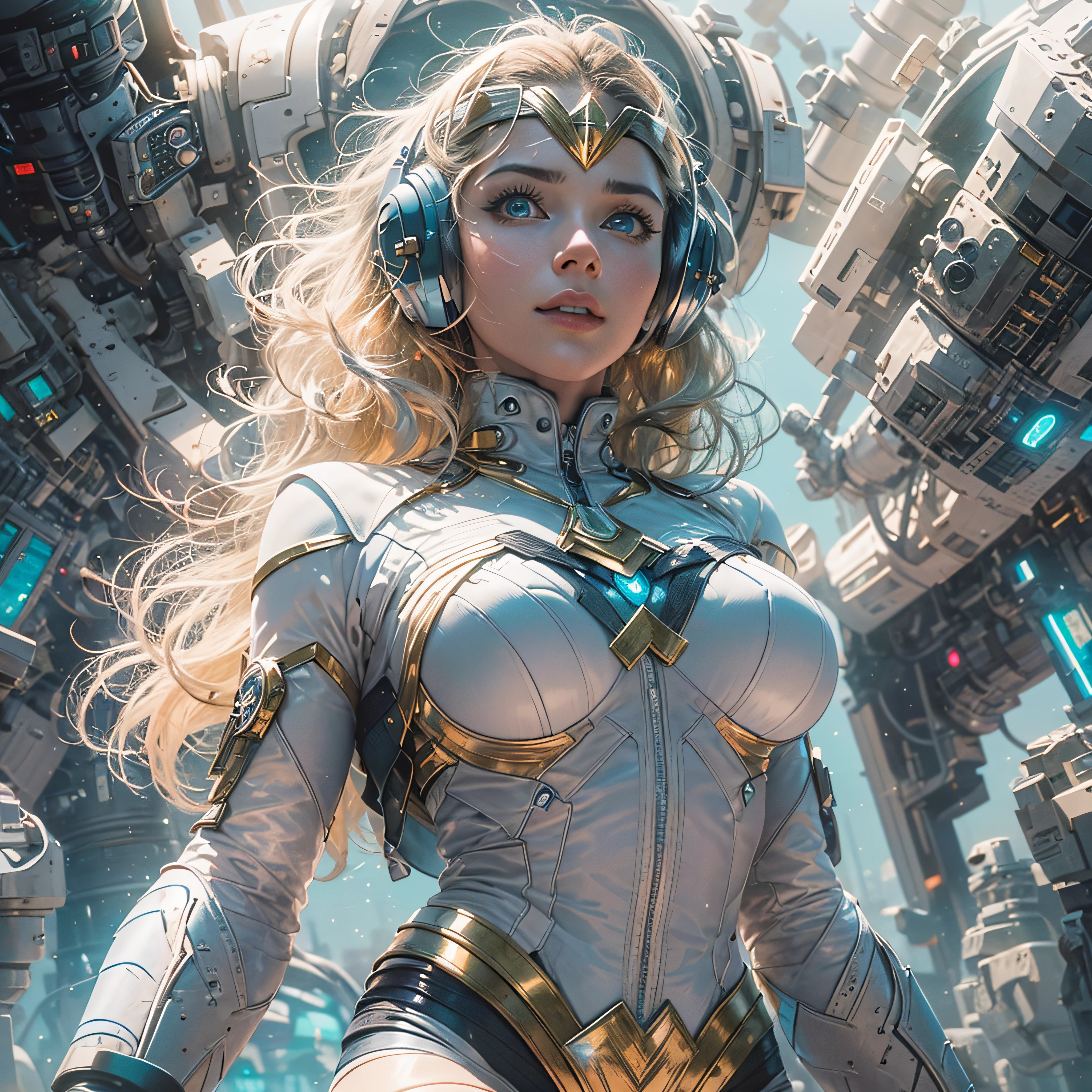 Full body, young Wonder Woman blonde hair, blunt van, masterpiece, top quality, official art, album art, very elaborate CG Unity 8K wallpaper, lone girl, Wondergirl, full body, super high resolution, (photorealistic: 1.4), dynamic angle, dynamic pose, mystical power, floating particles, reflection, so cute, sparkling blue color eyes, golden hour lighting, Pilot suit in white and blue and black colors, tight fitting clothes, full-body covering clothes, knee boots, (puffy eyes), viewer looking, front-facing, beauty, medium breasts, shirt lift, metal wire, slim body, arm-length gloves, anime heroine, gentle smile, headset, helmet, detailed robot cockpit, super futuristic space