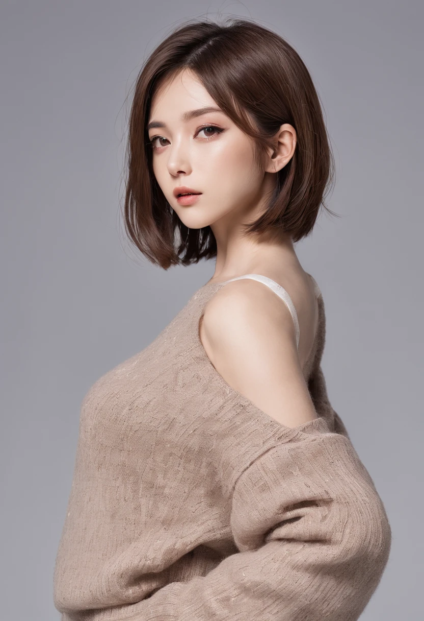masutepiece, Best quality, illustration, Ultra-detailed, finedetail, A high resolution, 8K wallpaper, Perfect dynamic composition, Beautiful detailed eyes, Long-sleeved knit,Shoulder extension,bob hair, small boobs, Natural color lips, Random and sexy pose,Smile,20 years girl,Riman,kawa,Emphasis on the chest