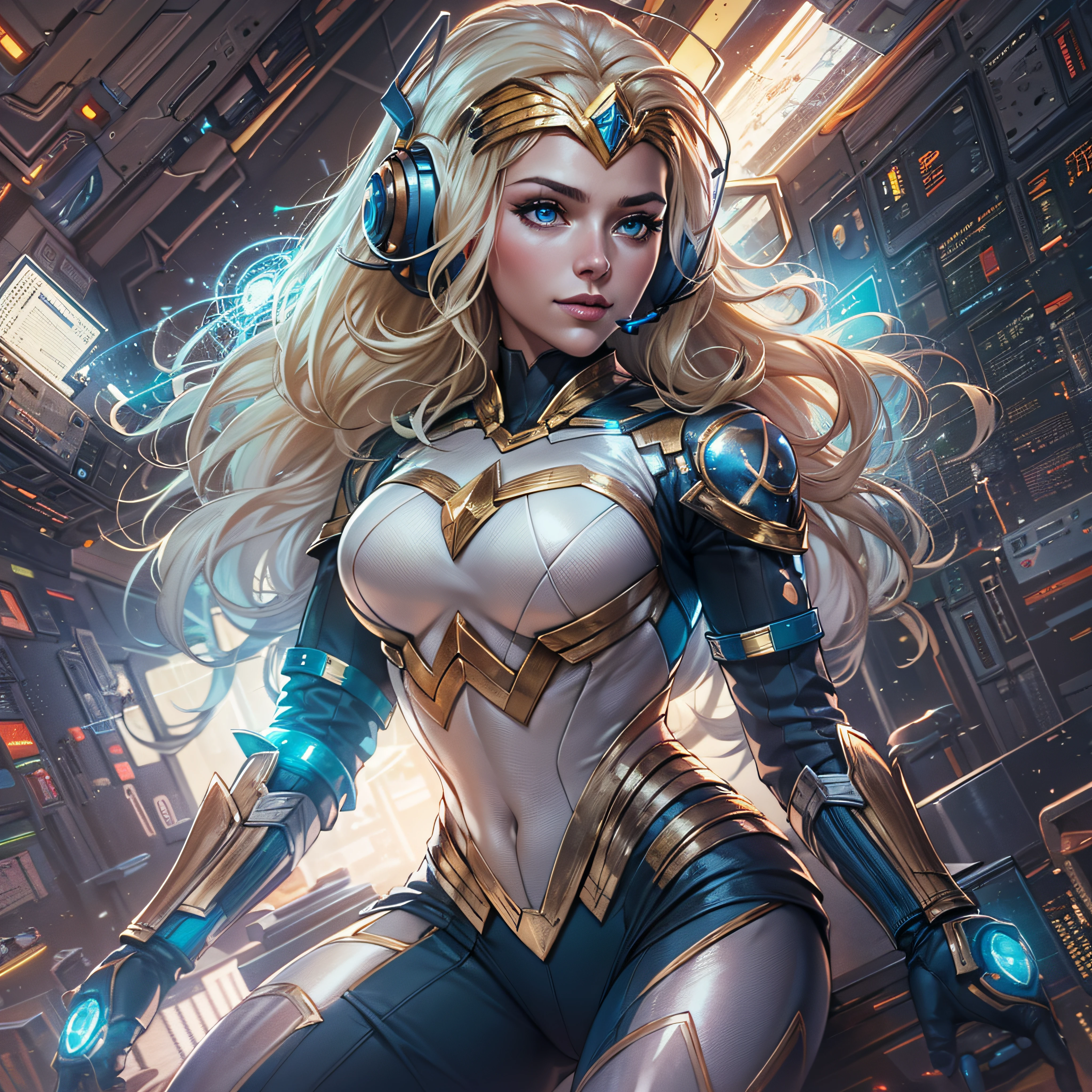 Full body, young Wonder Woman blonde hair, blunt van, masterpiece, top quality, official art, album art, very elaborate CG Unity 8K wallpaper, lone girl, Wondergirl, full body, super high resolution, (photorealistic: 1.4), dynamic angle, dynamic pose, mystical power, floating particles, reflection, so cute, sparkling blue color eyes, golden hour lighting, Pilot suit in white and blue and black colors, tight fitting clothes, full-body covering clothes, knee boots, (puffy eyes), viewer looking, front-facing, beauty, medium breasts, shirt lift, metal wire, slim body, arm-length gloves, anime heroine, gentle smile, headset, helmet, detailed robot cockpit, super futuristic space