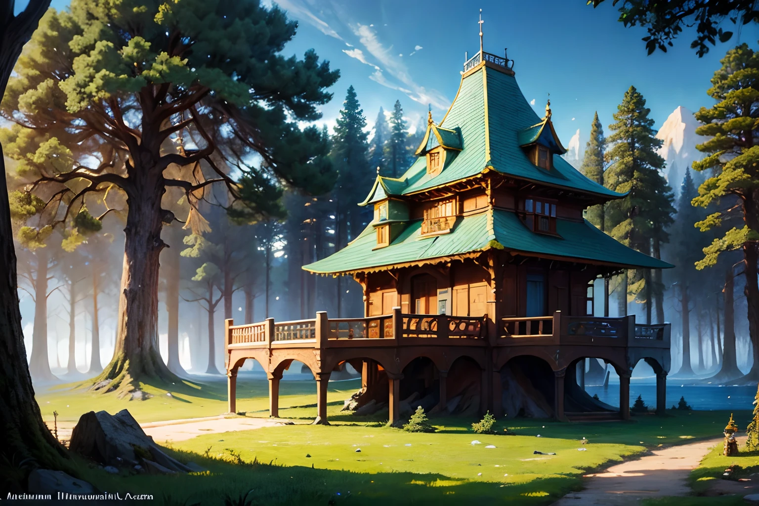 Oil painting of a fantasy treehouse by ivan shishkin and aivazovsky, highly detailed, masterpiece