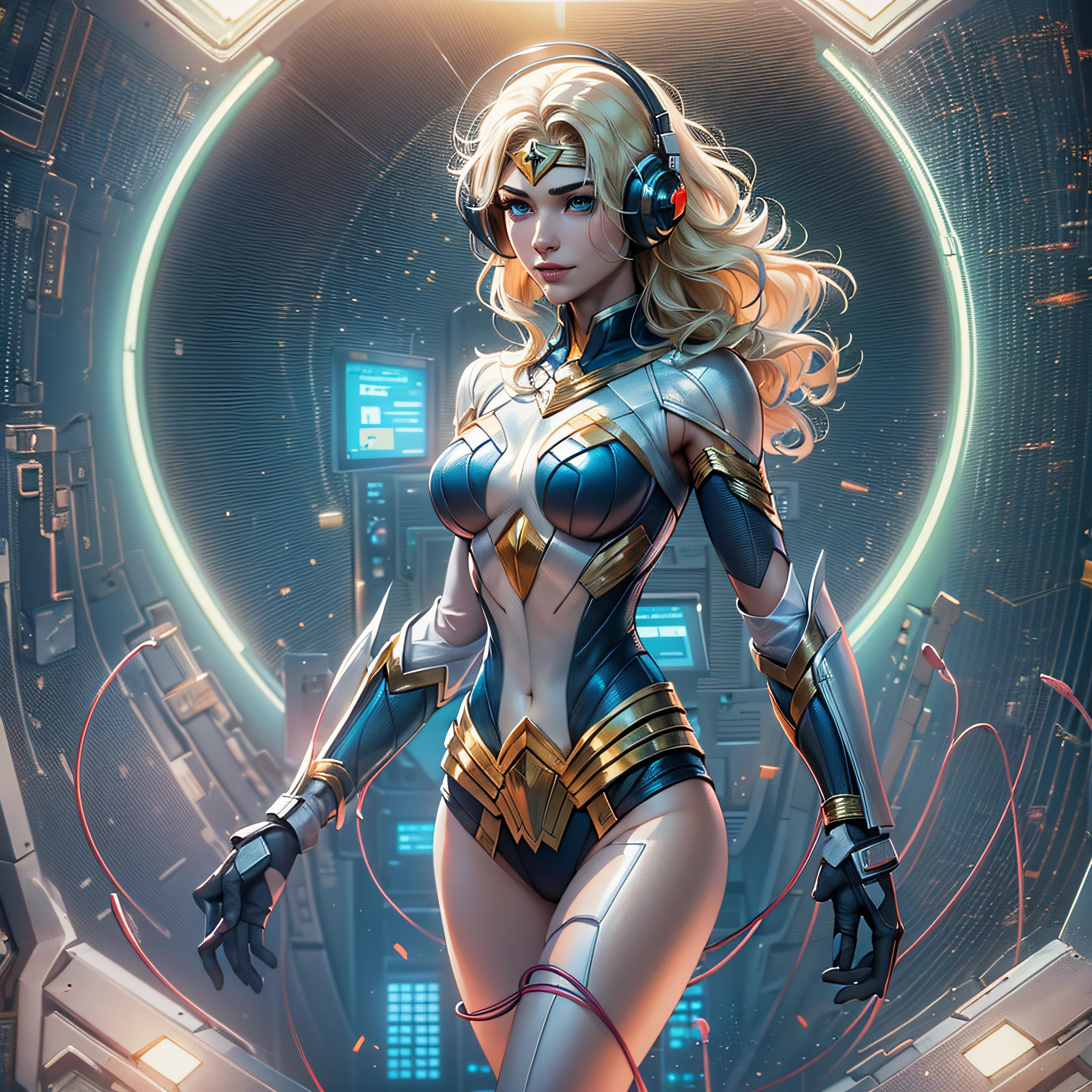 Full body, young Wonder Woman blonde hair, blunt van, masterpiece, top quality, official art, album art, very elaborate CG Unity 8K wallpaper, lone girl, Wondergirl, full body, super high resolution, (photorealistic: 1.4), dynamic angle, dynamic pose, mystical power, floating particles, reflection, so cute, sparkling blue color eyes, golden hour lighting, Pilot suit in white and blue and black colors, tight fitting clothes, full-body covering clothes, knee boots, (puffy eyes), viewer looking, front-facing, beauty, medium breasts, shirt lift, metal wire, slim body, arm-length gloves, anime heroine, gentle smile, headset, helmet, detailed robot cockpit, super futuristic space