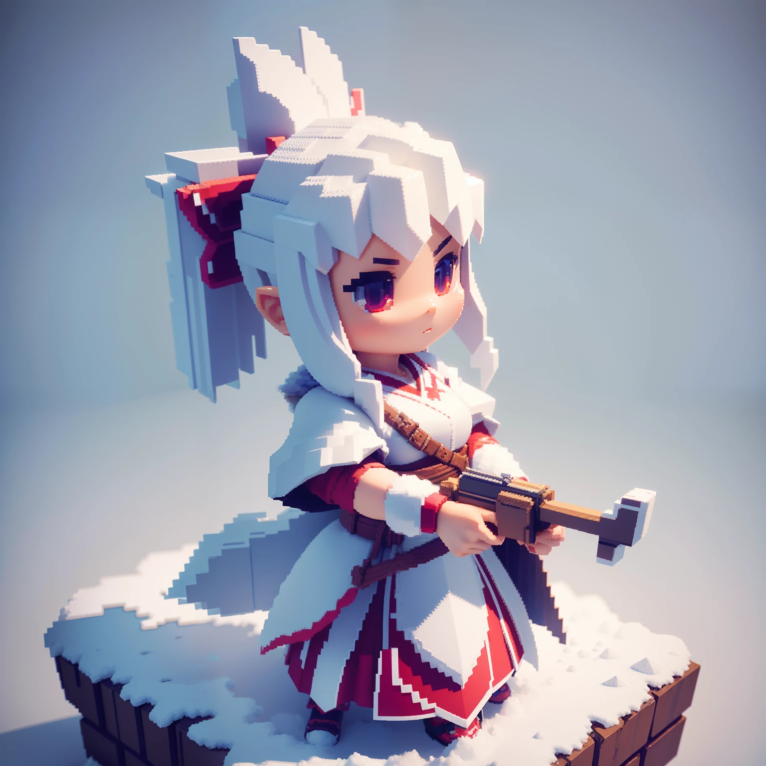 Voxels,（3D Big Pixel Art）, （3D Pixel Art）,White background,Chibi,Large pixels,（3ＤPixel art）,Hunter with a bow,The character has a peculiar pose,Archer, Snow Queen with a large Japan bow,（3D Pixel Art）