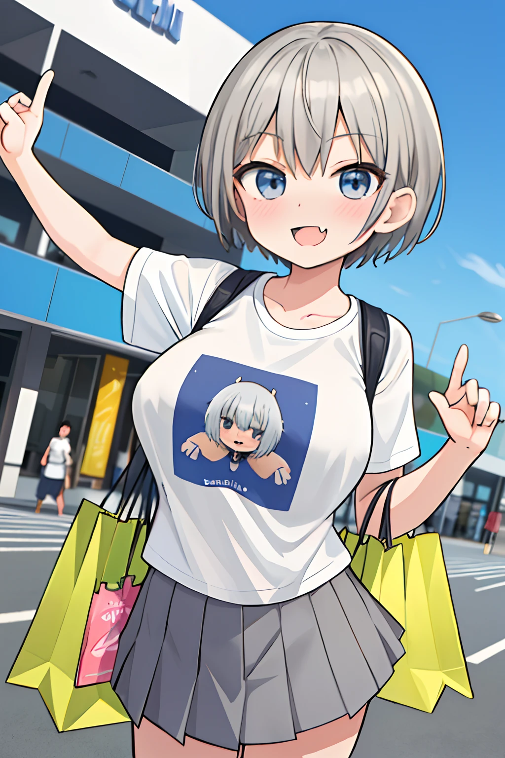 (masterpiece, best quality),solo, looking at viewer,stylish angle,active pose hana,blush,short gray hair,large breasts,white print Tshirt,blue miniskirt,evil smile,comic,manga,fang,open mouth,annoying,shopping center,