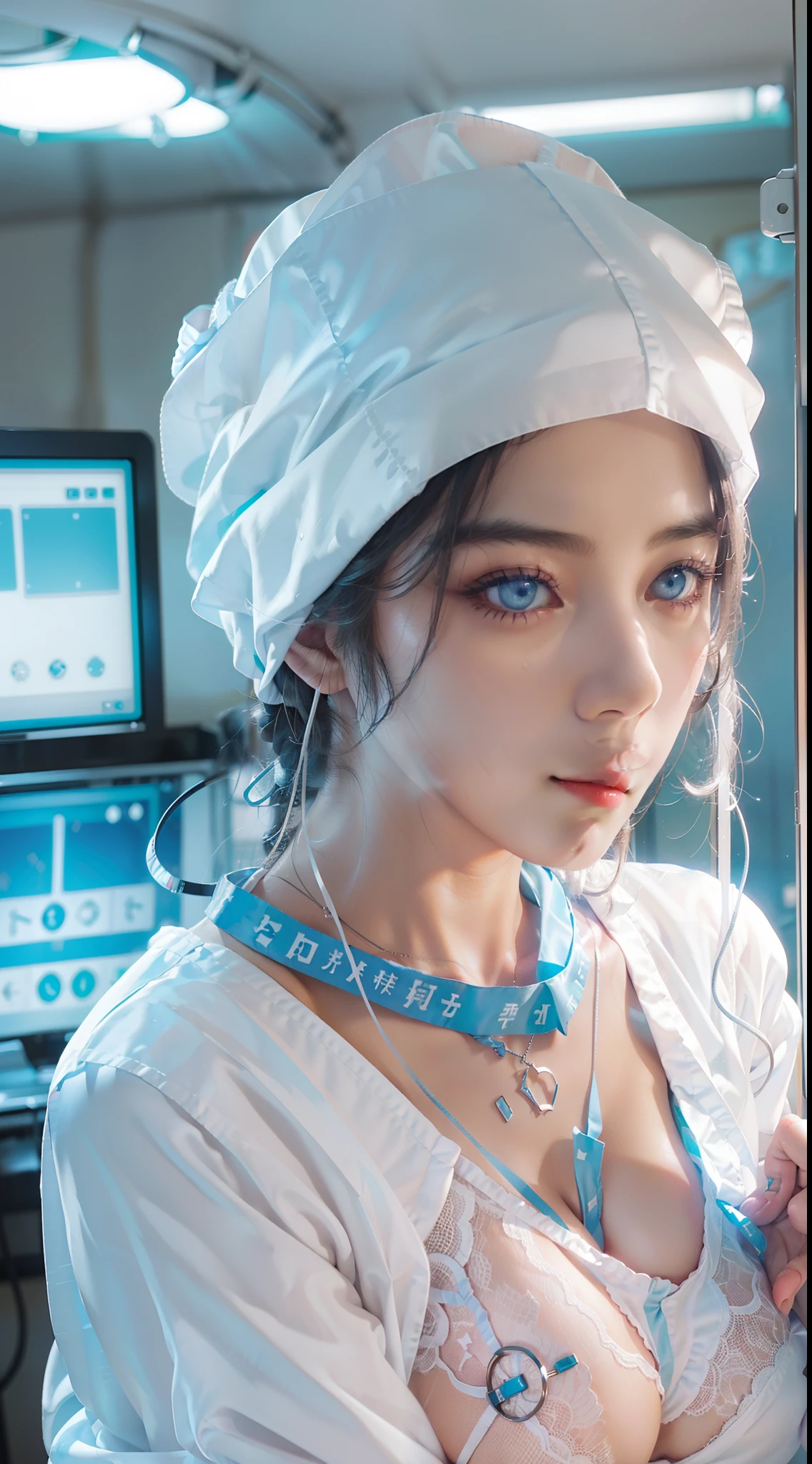 (Dazzling blue LED lighting in modern operating room)、((A very beautiful nurse takes off her clothes in an operating room with many nursing assistants))。(Wearing white silk nurse clothes:1.5)。a picture、masterpiece、top-quality、(Gorgeous hair)。soft chest and white skin、Beautiful Japan woman in different poses。(((expose boob:1.2)))、((Very soft breasts))、hyperdetailed face、A detailed eye、(she is soaking wet)、((fullnude:1.5))、(Not wearing underwear:1.5)