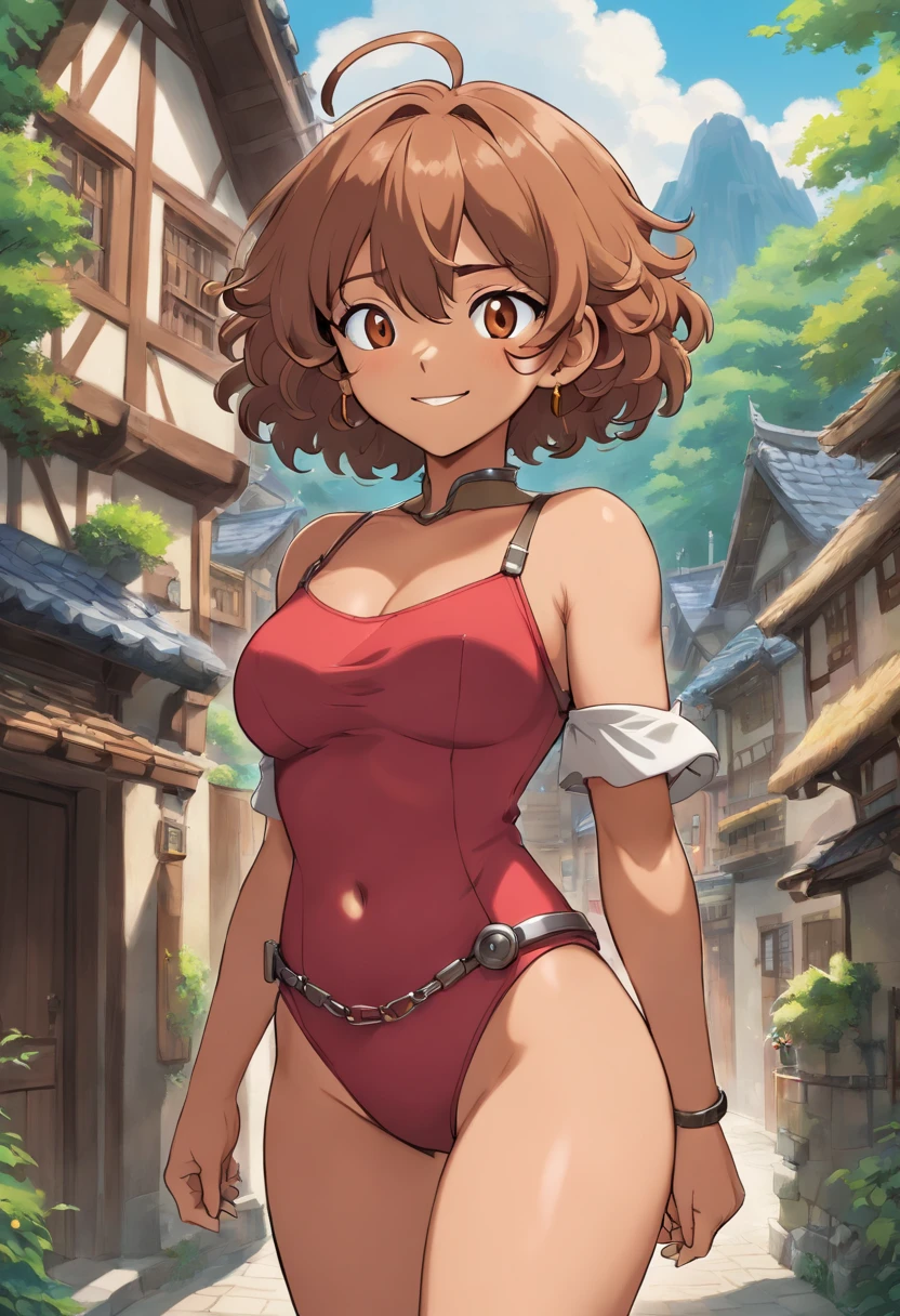 1girl, solo, female, standing, (short curly tan hair, hair covering eyes), (((hair over eyes))), smiling, dark skin, glossy lips, big breasts, hands behind back, fantasy village, facing viewer, thick thighs, gamberson, knight, steel armor, cleavage, muscular, athletic, tomboy
