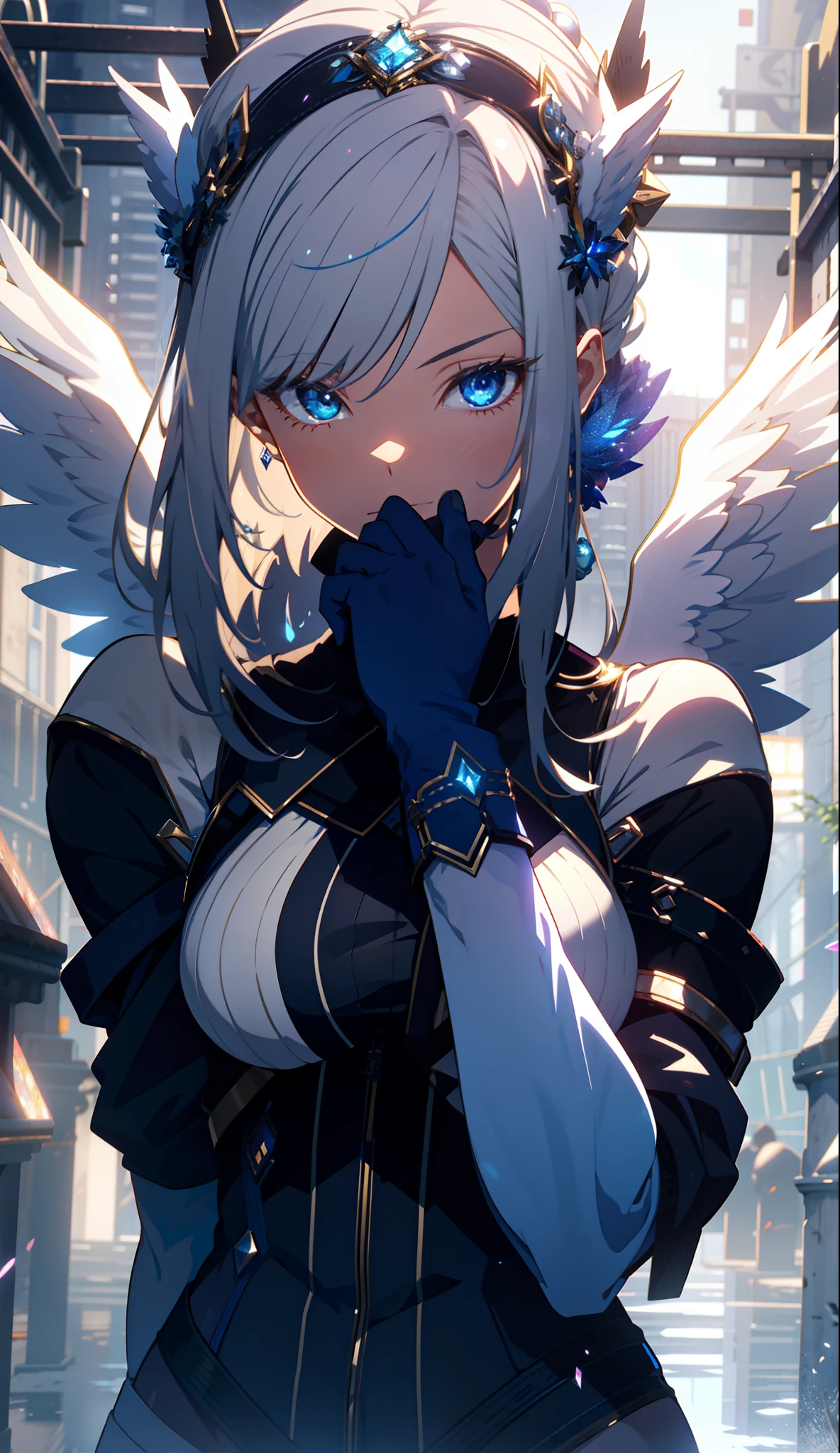 Adorned young goddess of the moon with white hair in a sparkling dark blue fantasy moon scaffold with wings and soft features, Dunkelblaue funkelnde Augen, white glowing angel wings, helle Lichter und Funken, Anime Goddess, Unreal-Engine-Rendering + a goddess, 3-D-Rendercharakter Kunst 8 K, render of a cute 3d anime girl, Artgerm, 3D-Unreal-Engine, Anime sehr detailliert, 8k hochwertige detaillierte Kunst, Goddess. Extrem hohe Detailgenauigkeit, photorealistic anime girl render, Goddess of Light, silbernes Diamantdiadem auf dem Kopf