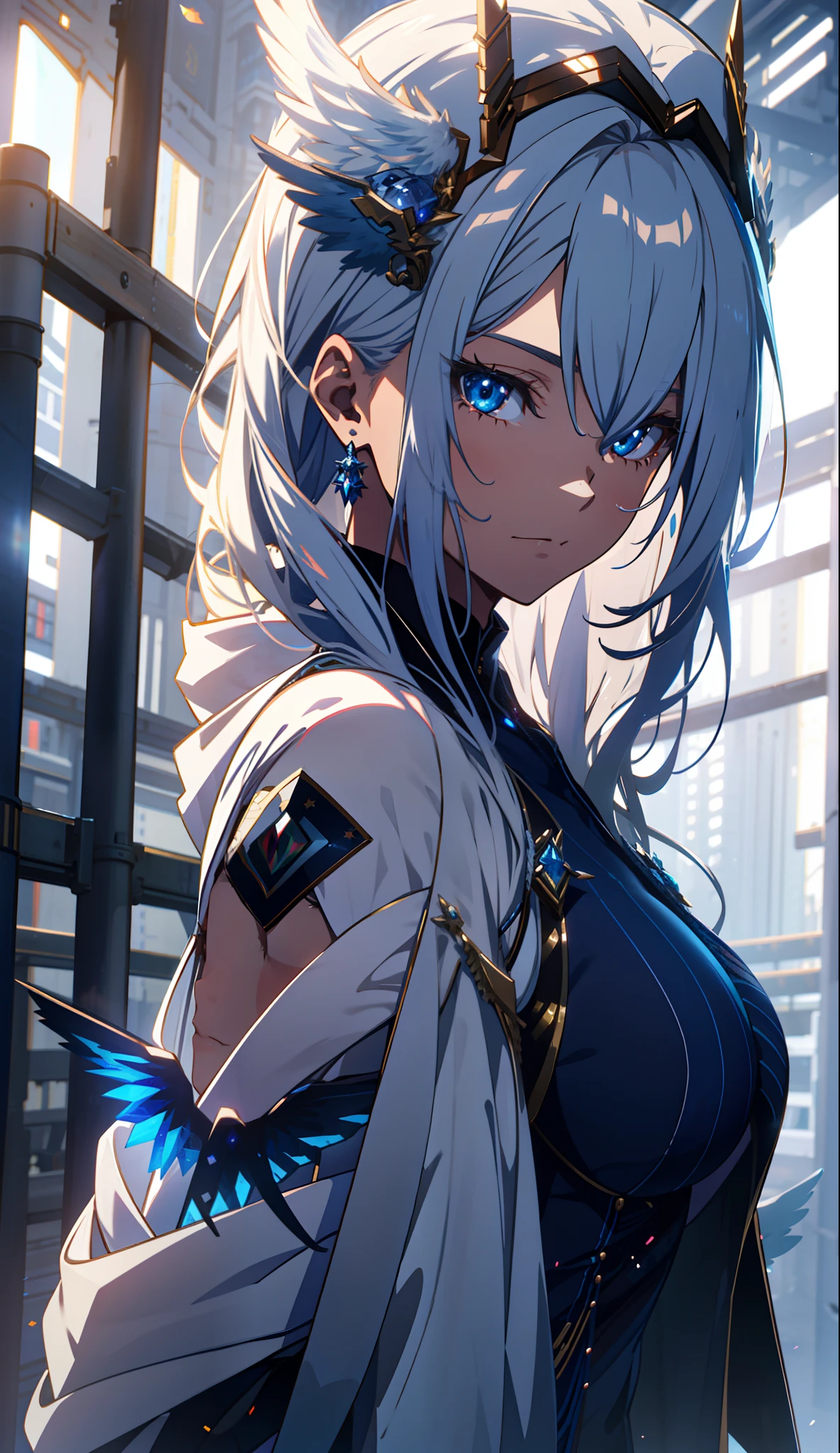 Adorned young goddess of the moon with white hair in a sparkling dark blue fantasy moon scaffold with wings and soft features, Dunkelblaue funkelnde Augen, white glowing angel wings, helle Lichter und Funken, Anime Goddess, Unreal-Engine-Rendering + a goddess, 3-D-Rendercharakter Kunst 8 K, render of a cute 3d anime girl, Artgerm, 3D-Unreal-Engine, Anime sehr detailliert, 8k hochwertige detaillierte Kunst, Goddess. Extrem hohe Detailgenauigkeit, photorealistic anime girl render, Goddess of Light, silbernes Diamantdiadem auf dem Kopf